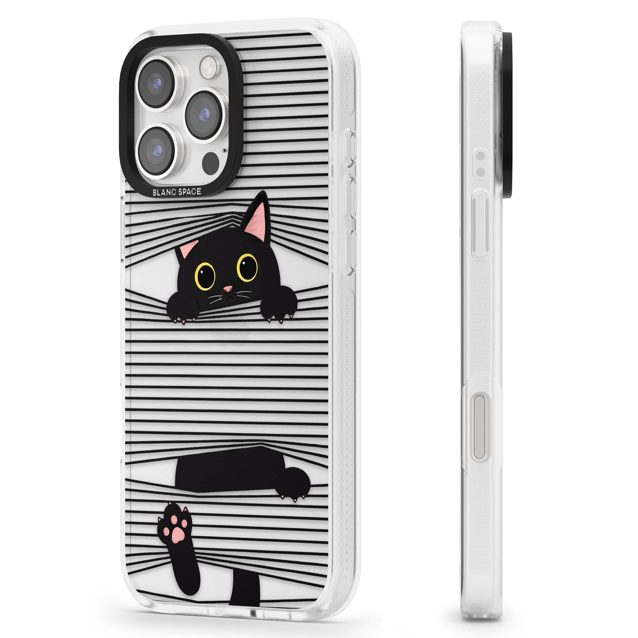 Peek-a-Boo Cat minimal iPhone case featuring black cat peeking through horizontal black and white stripes | Clear Case Impact Air case for iPhone 16 Pro, iPhone 16 Pro Max