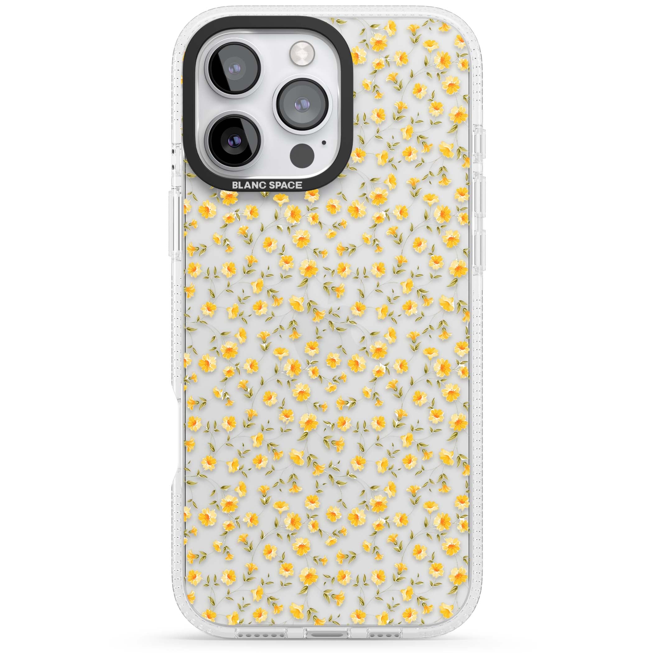 Buttercup wildflower iPhone case featuring tiny yellow flowers and trailing green vines on clear | Clear Case Impact Air case for iPhone 16 Pro, iPhone 16 Pro Max