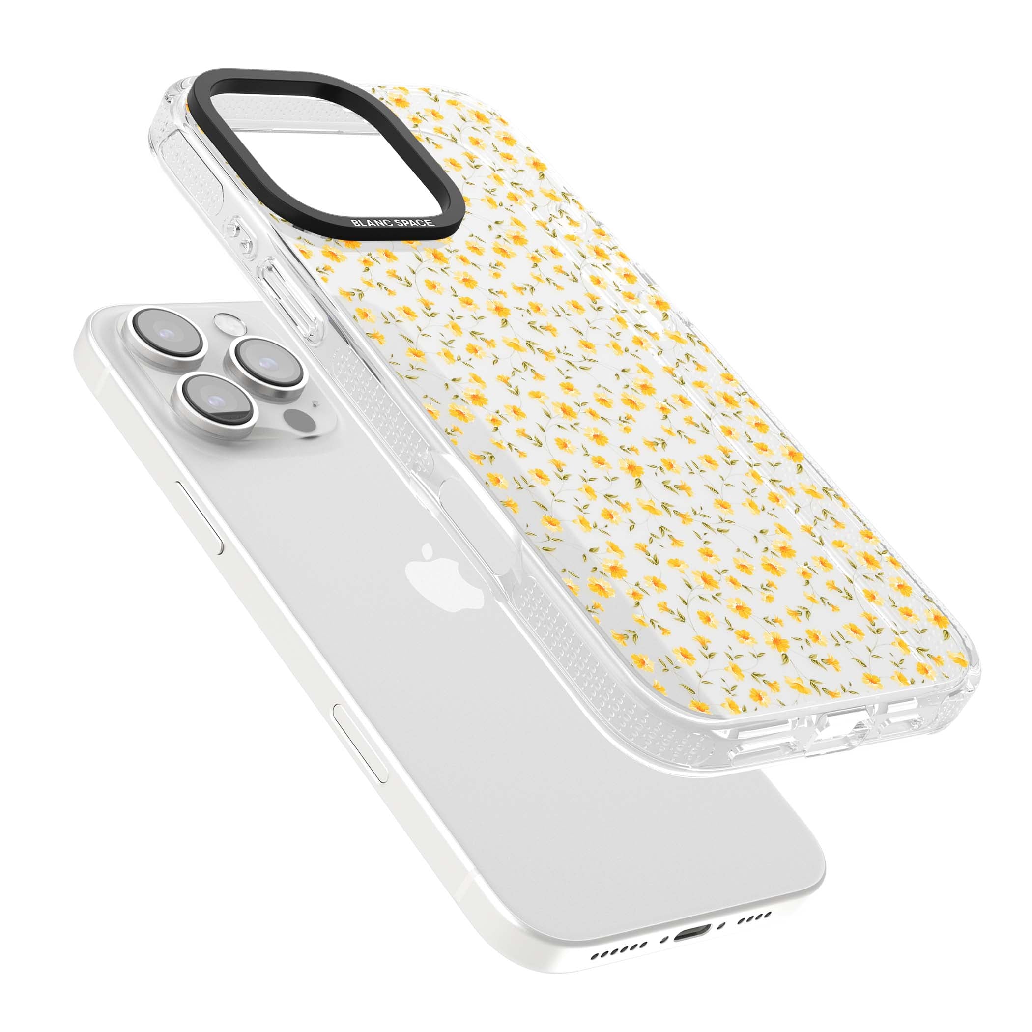 Buttercup wildflower iPhone case featuring tiny yellow flowers and trailing green vines on clear | Clear Case Impact Air case for iPhone 16 Pro, iPhone 16 Pro Max