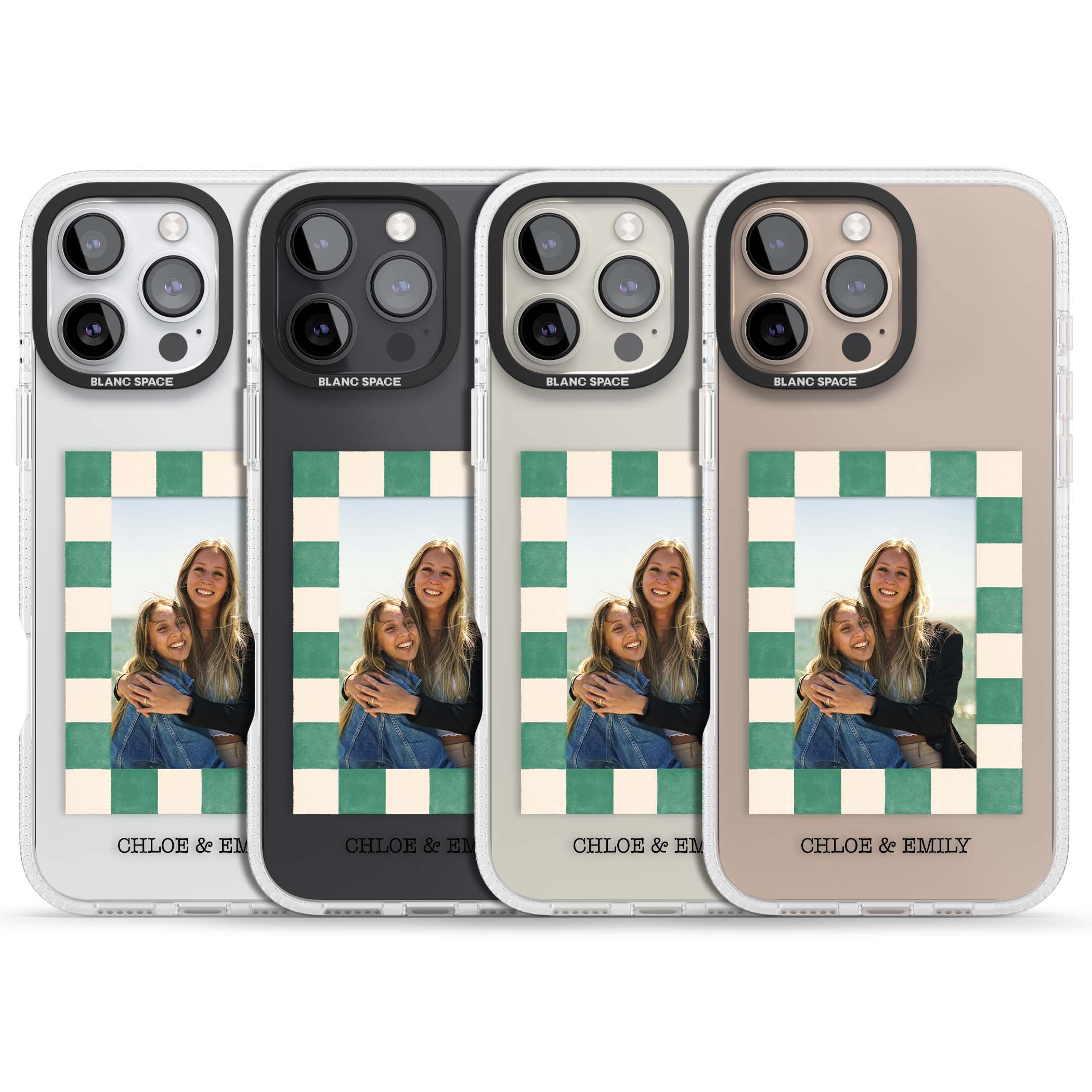 Seafoam Check Photo personalised iPhone case featuring a custom polaroid photo, green and cream checkered frame, and custom n | Clear Case Impact Air case for iPhone 16 Pro, iPhone 16 Pro Max