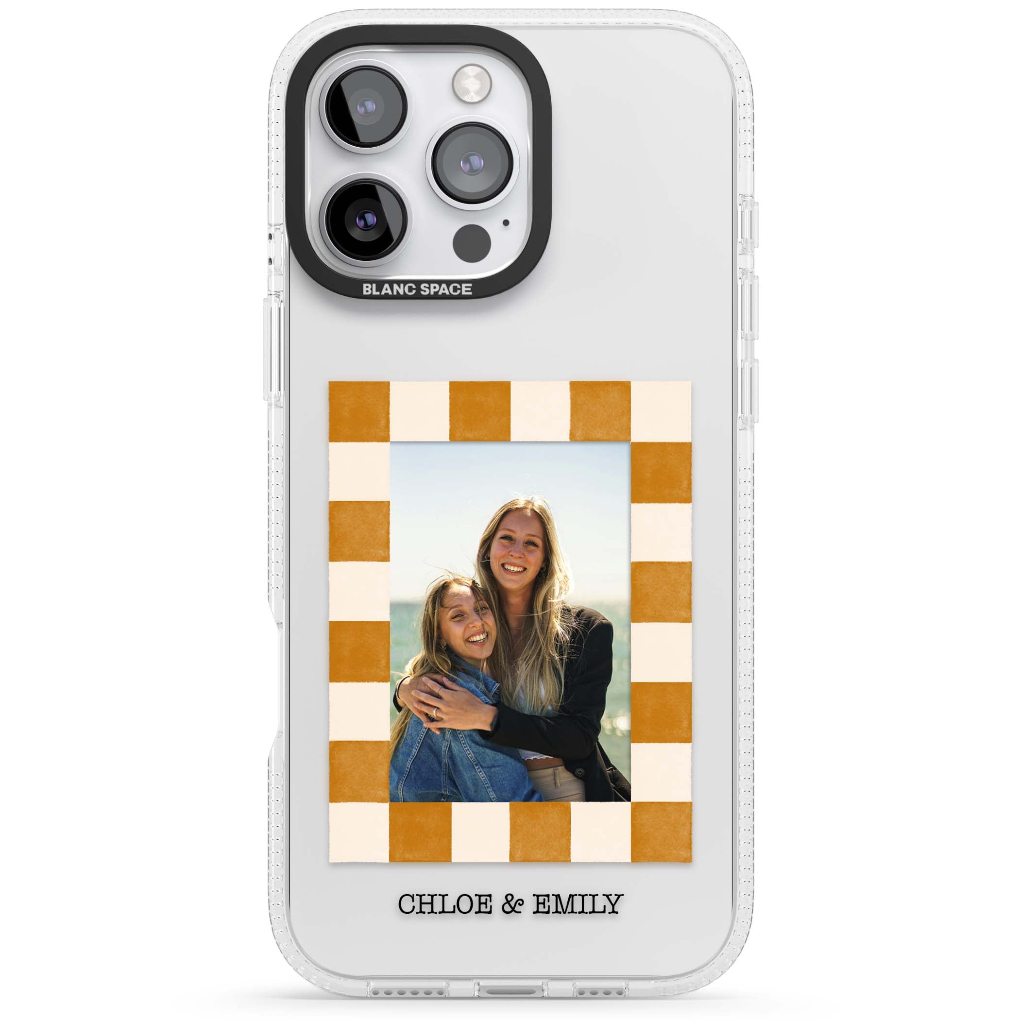 Citrus Check Photo personalised iPhone case with custom photo, orange checkered frame and names underneath | Clear Case Impact Air case for iPhone 16 Pro, iPhone 16 Pro Max