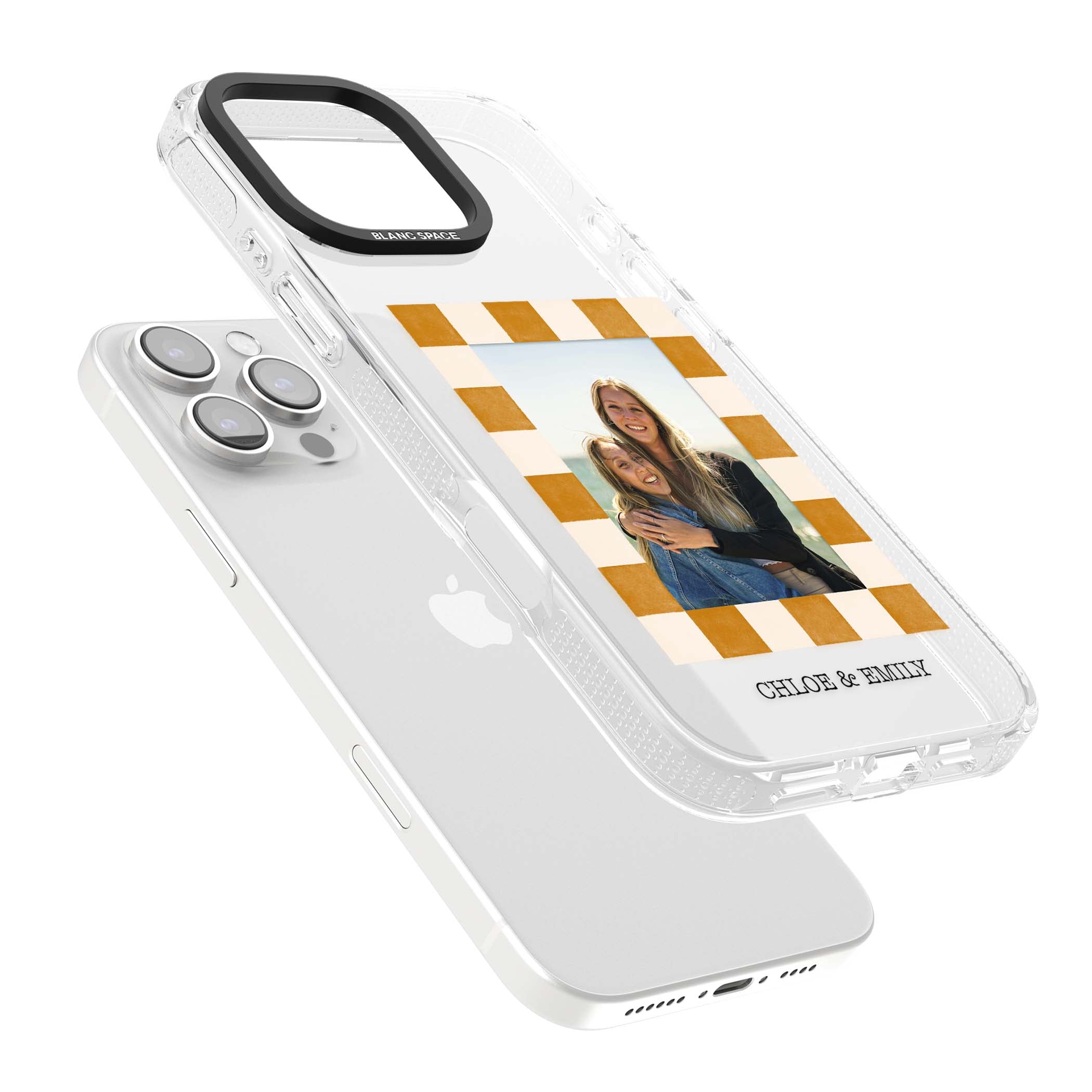 Citrus Check Photo personalised iPhone case with custom photo, orange checkered frame and names underneath | Clear Case Impact Air case for iPhone 16 Pro, iPhone 16 Pro Max