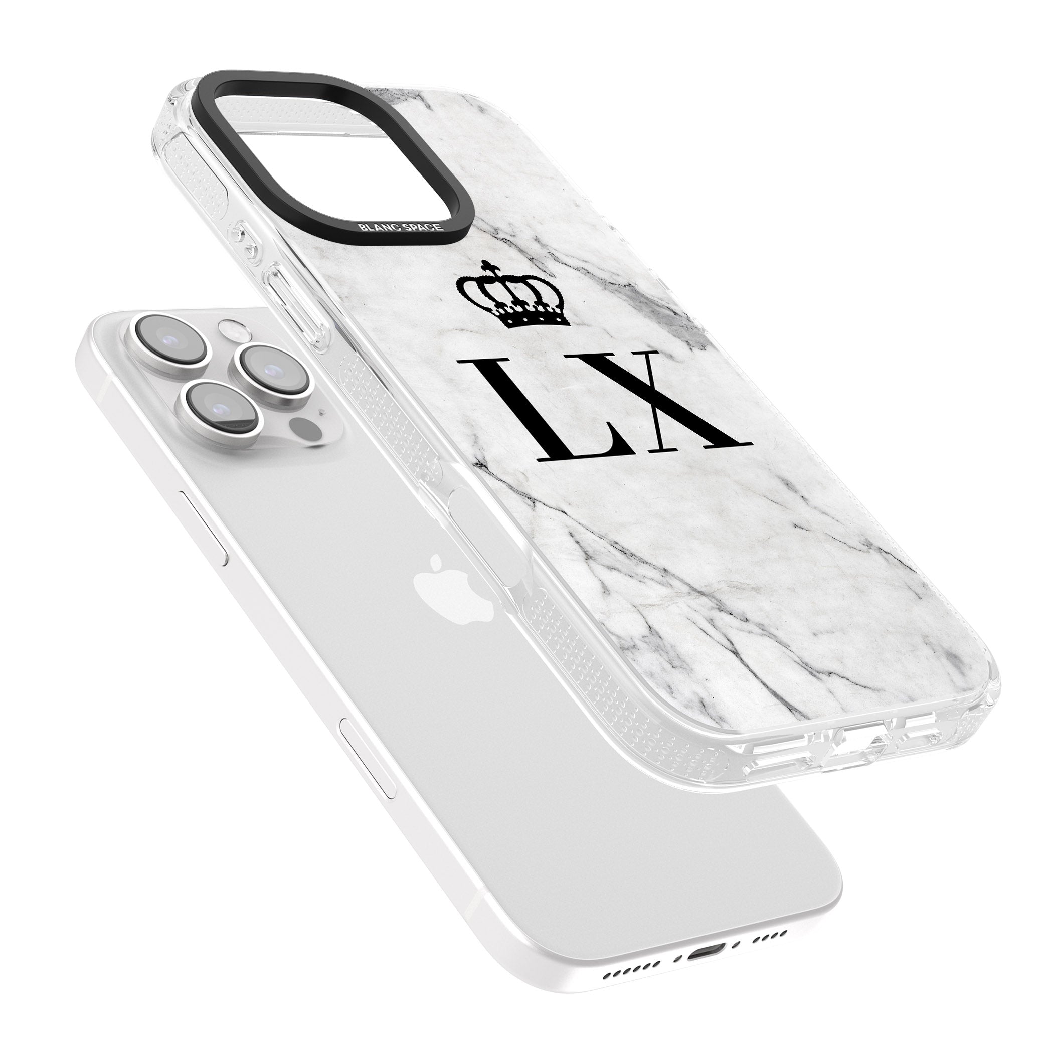 Personalised Initials with Crown on White Marble iPhone 16 Pro Max / 16 Pro Clear Case Impact Air - Blanc Space