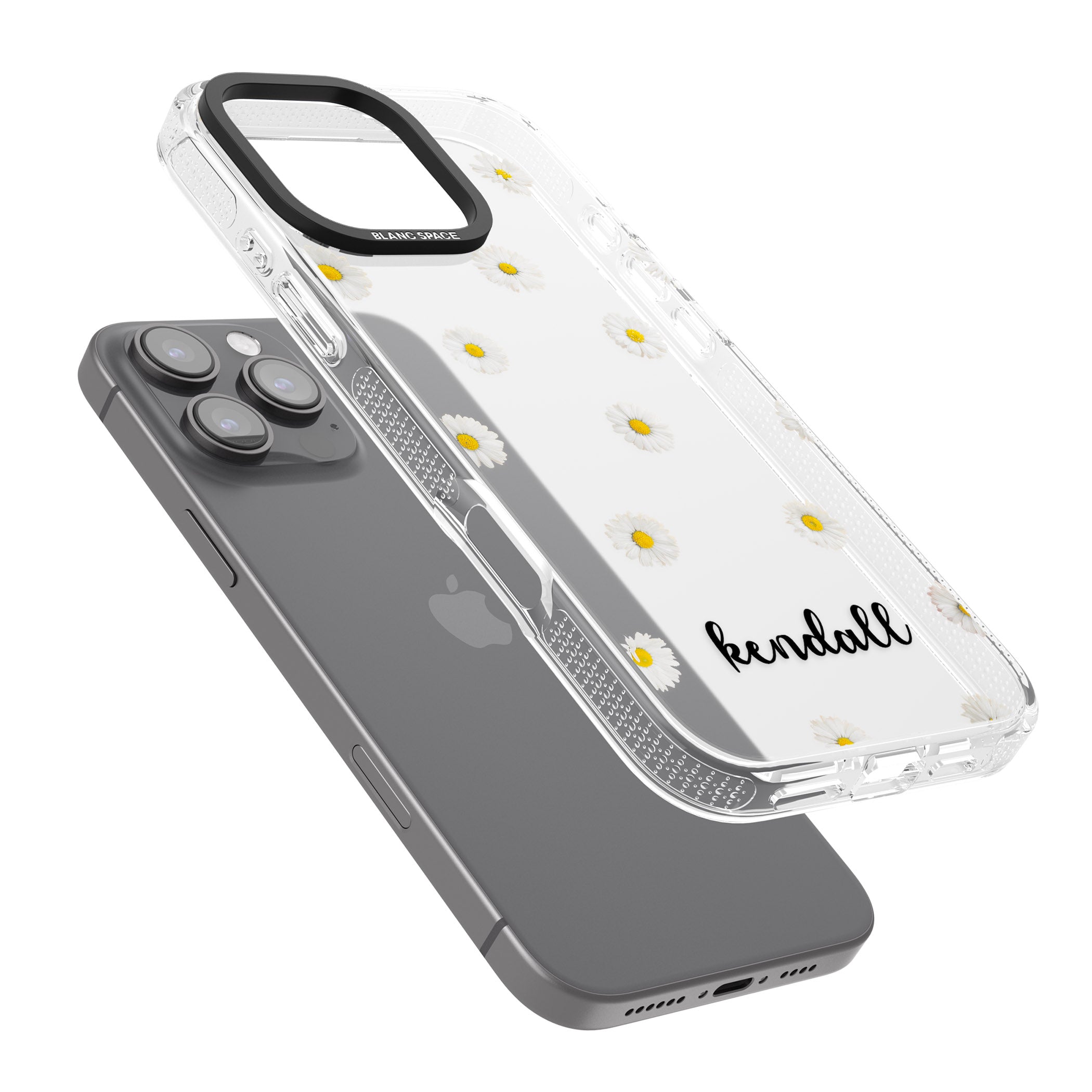 Personalised White Daisies & Cursive iPhone 16 Pro Max / 16 Pro Clear Case Impact Air - Blanc Space