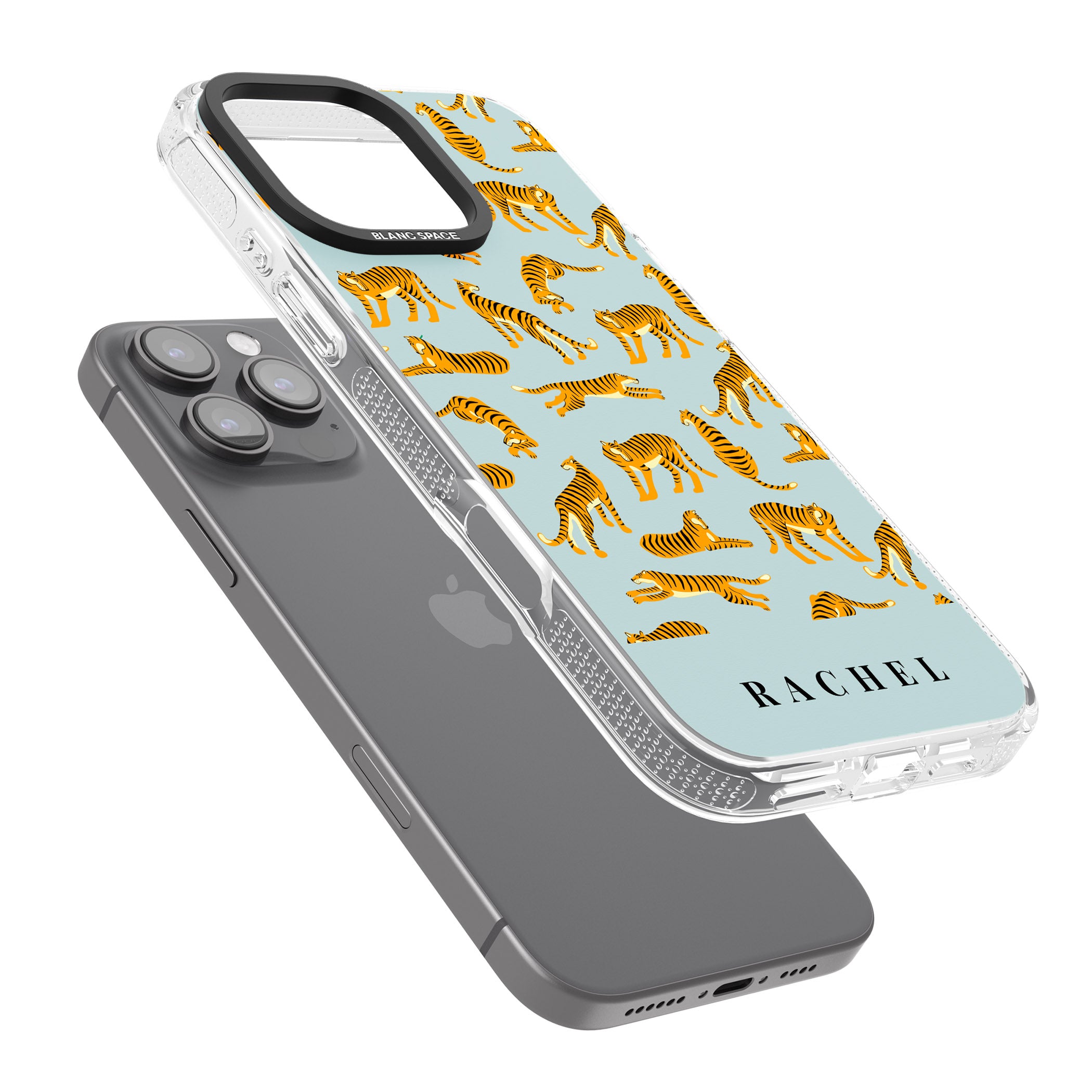 Personalised Tiger Pattern: Turquoise Blue iPhone 16 Pro Max / 16 Pro Clear Case Impact Air - Blanc Space