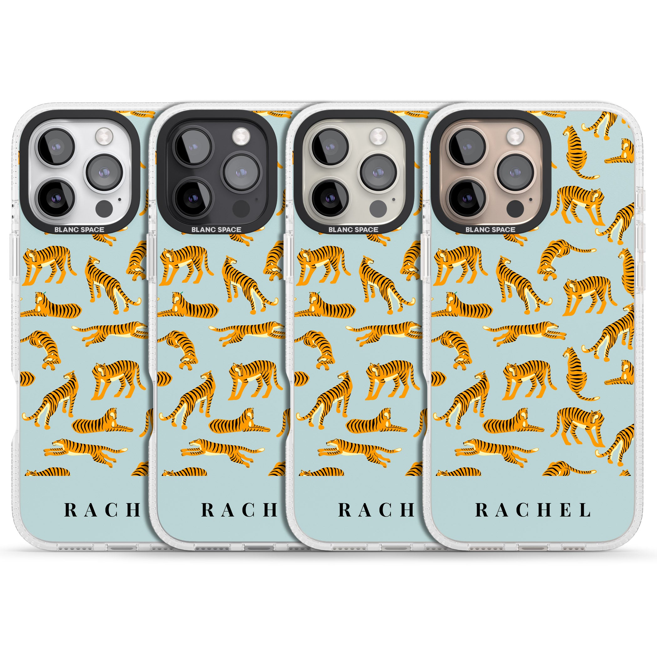 Personalised Tiger Pattern: Turquoise Blue iPhone 16 Pro Max / 16 Pro Clear Case Impact Air - Blanc Space