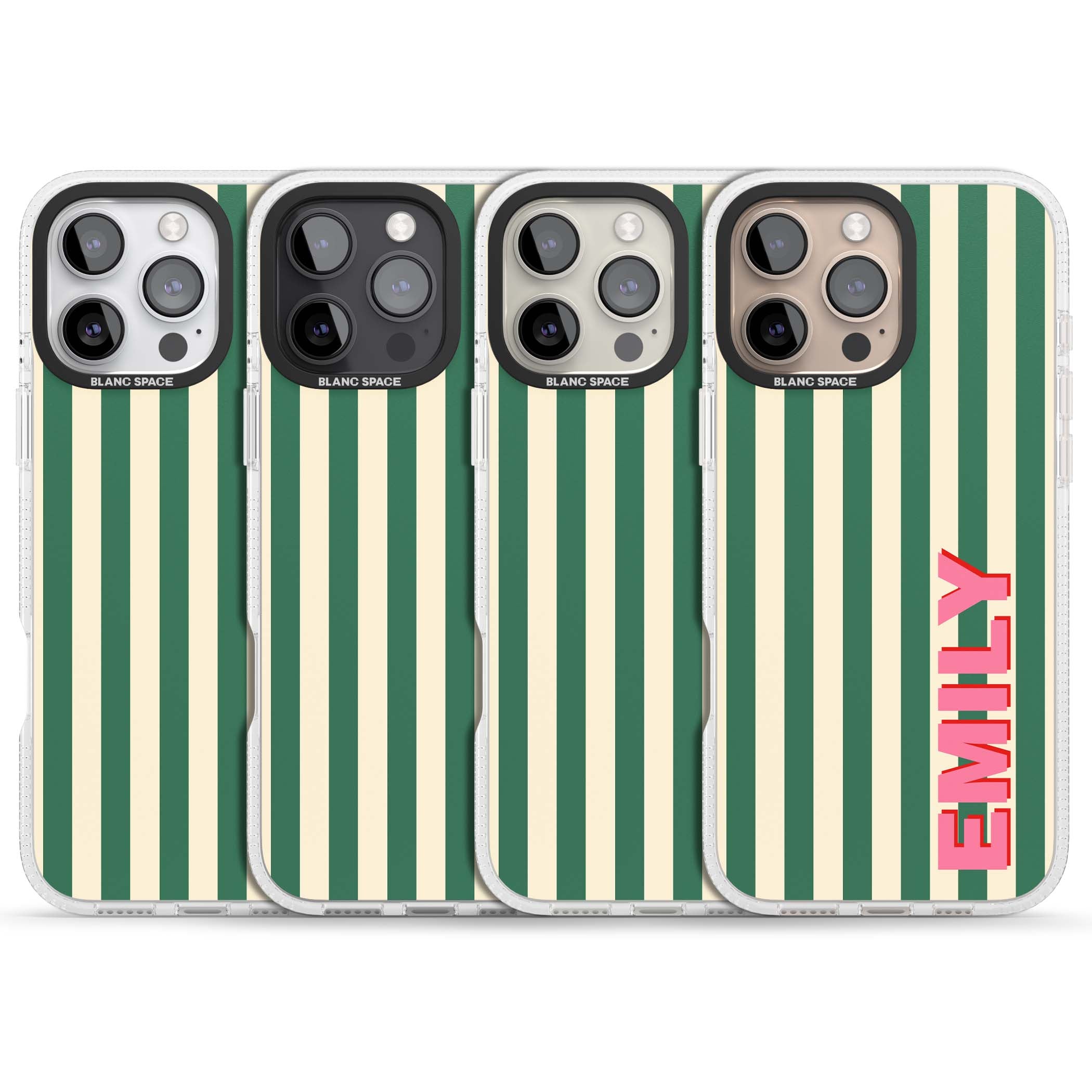 Wimbledon Stripe preppy iPhone case featuring green and cream vertical stripes with a personalised pink name | Clear Case Impact Air case for iPhone 16 Pro, iPhone 16 Pro Max