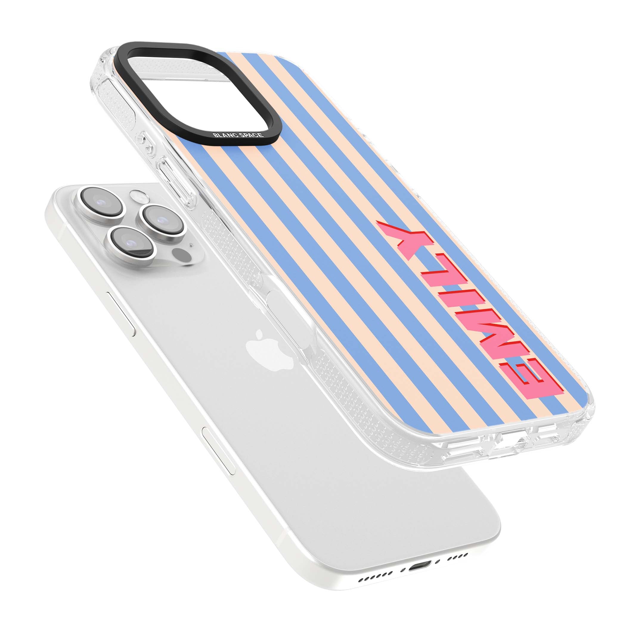 Coastal Stripe personalised coastal iPhone case with blue and peach vertical stripes and custom pink name | Clear Case Impact Air case for iPhone 16 Pro, iPhone 16 Pro Max