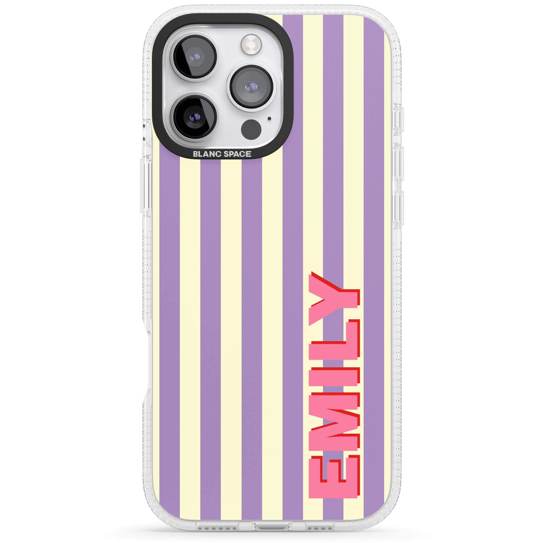 Valensole Stripe personalised iPhone case with purple and cream vertical stripes and pink custom name | Clear Case Impact Air case for iPhone 16 Pro, iPhone 16 Pro Max