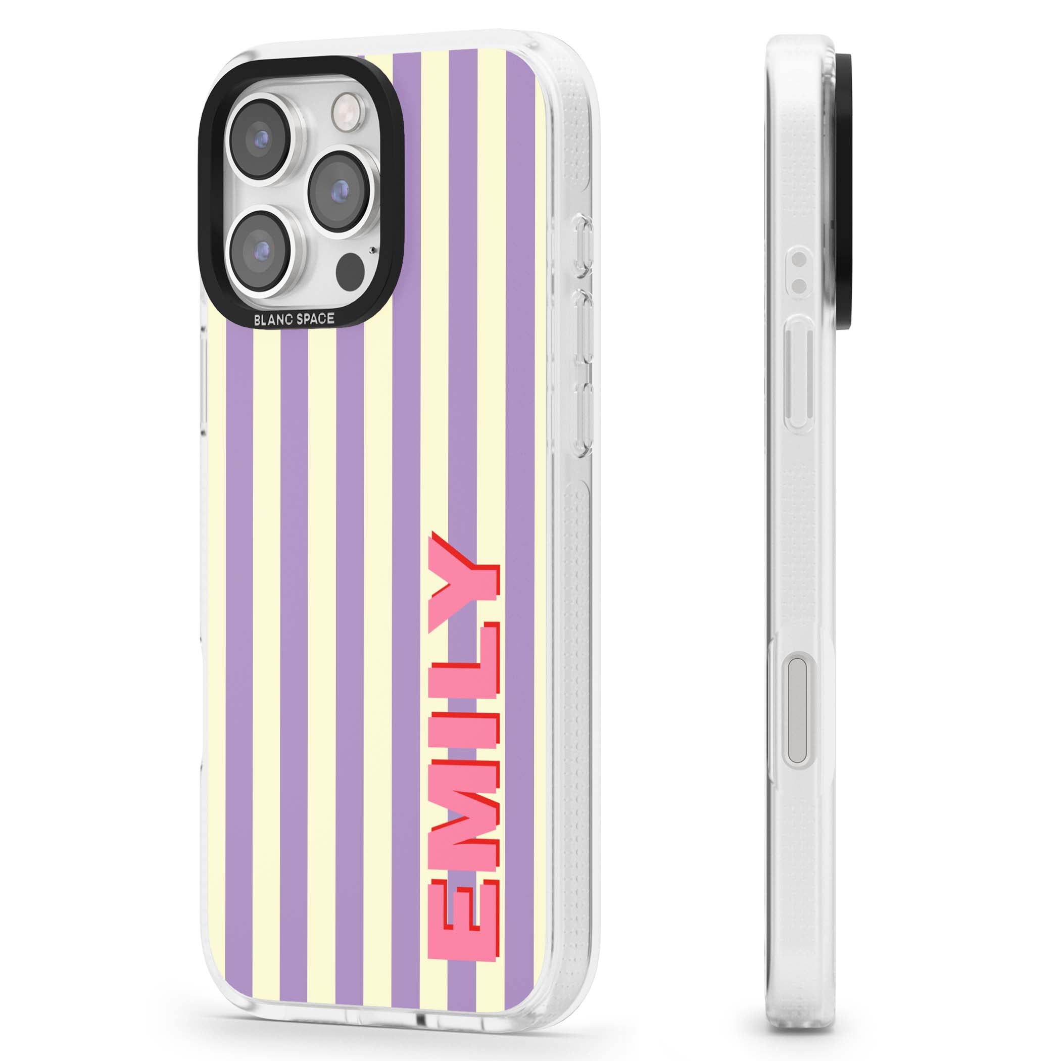 Valensole Stripe personalised iPhone case with purple and cream vertical stripes and pink custom name | Clear Case Impact Air case for iPhone 16 Pro, iPhone 16 Pro Max