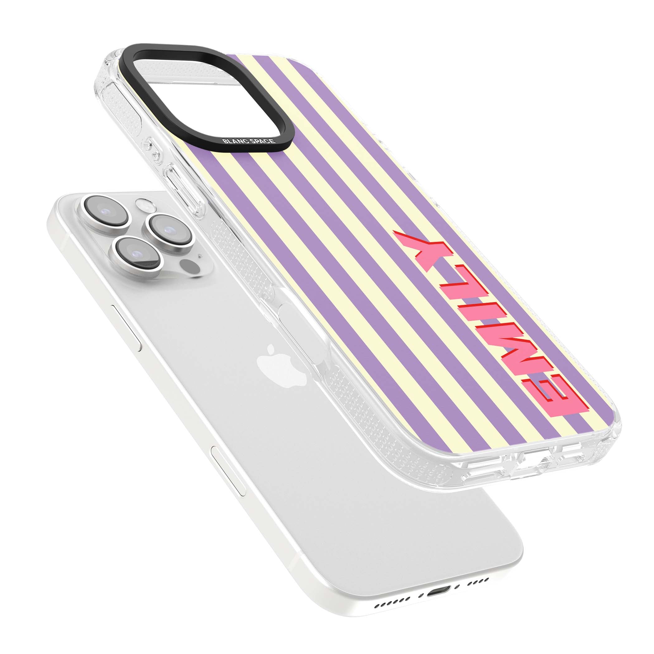 Valensole Stripe personalised iPhone case with purple and cream vertical stripes and pink custom name | Clear Case Impact Air case for iPhone 16 Pro, iPhone 16 Pro Max