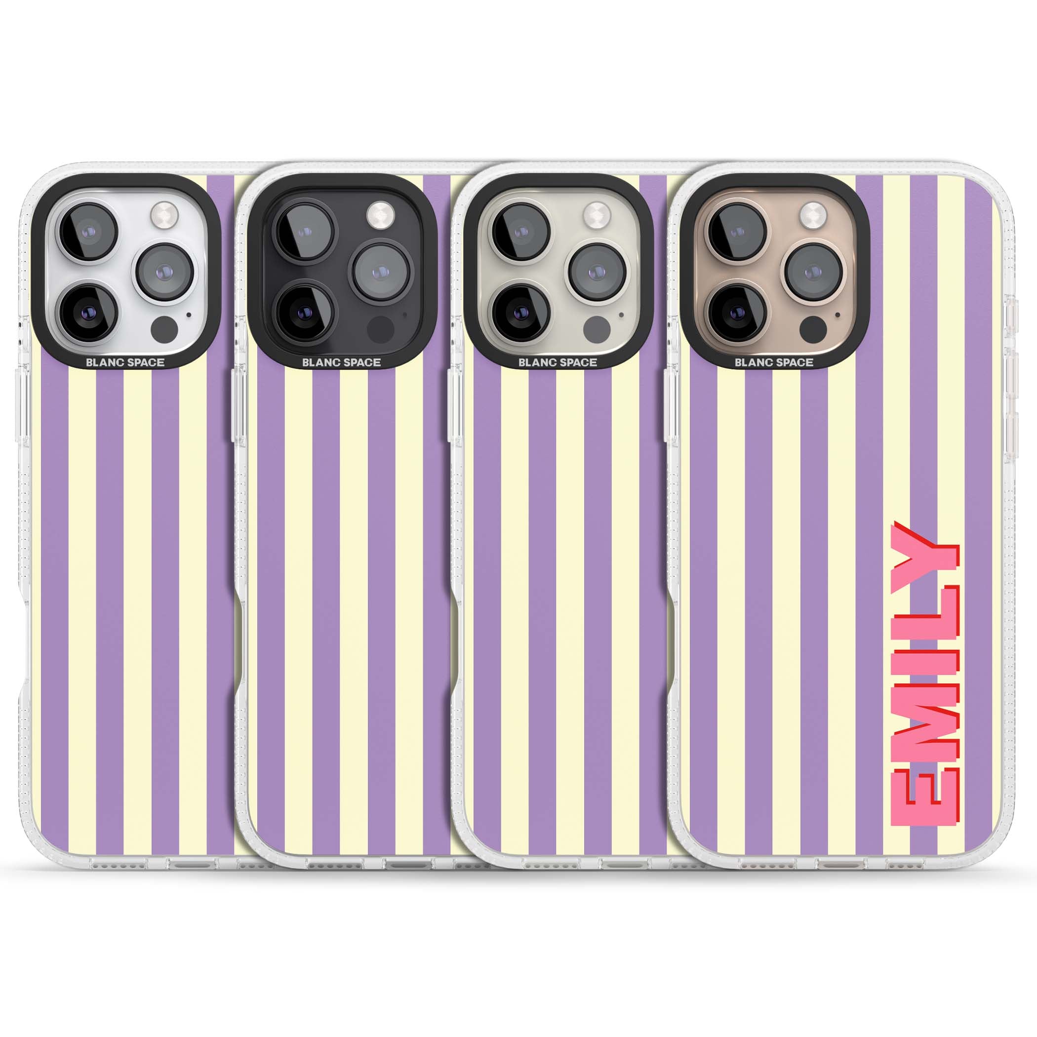 Valensole Stripe personalised iPhone case with purple and cream vertical stripes and pink custom name | Clear Case Impact Air case for iPhone 16 Pro, iPhone 16 Pro Max