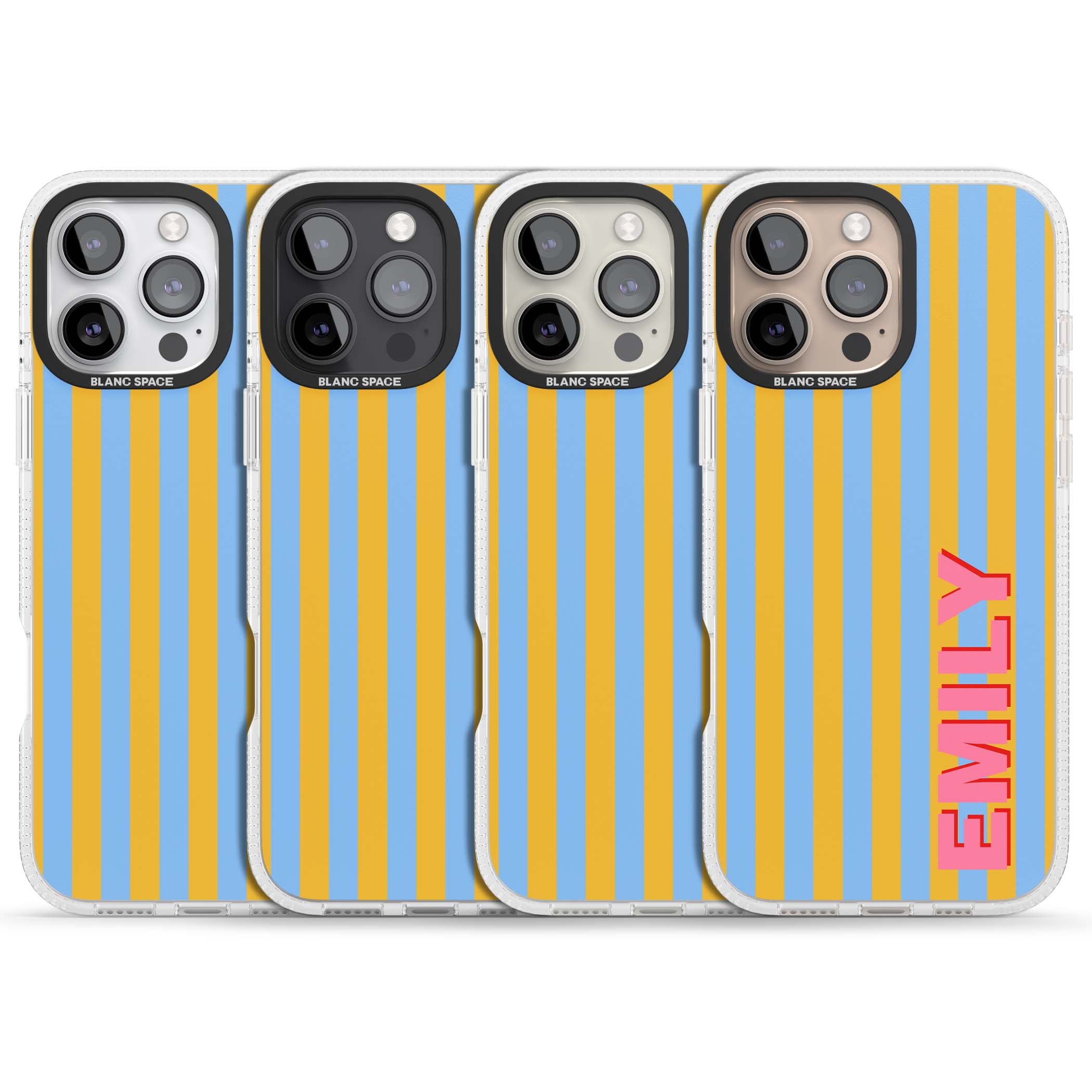 Carribean Stripe personalised coastal iPhone case with yellow and blue vertical stripes and a custom pink name | Clear Case Impact Air case for iPhone 16 Pro, iPhone 16 Pro Max