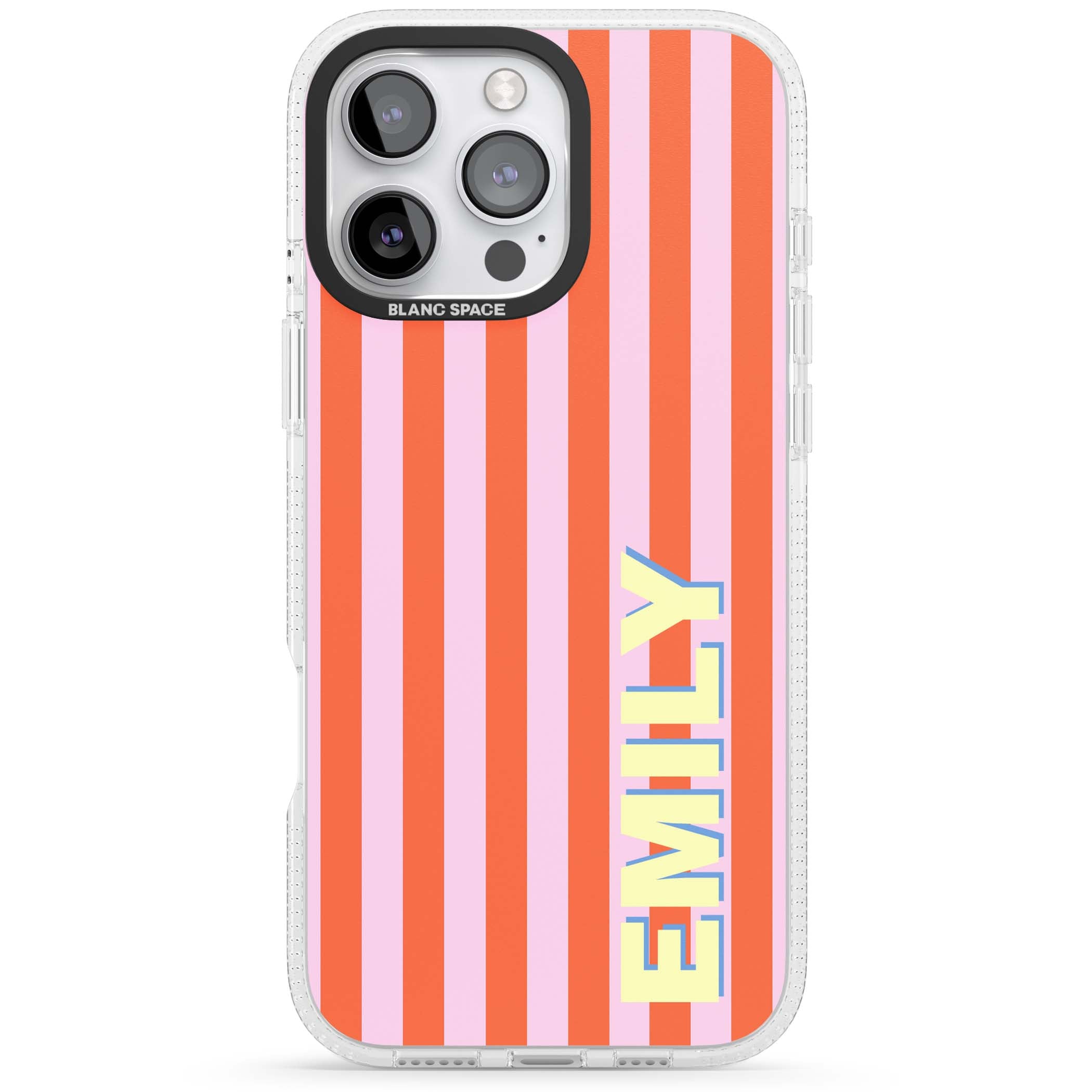 Havana Stripe personalised iPhone case featuring pink and orange vertical stripes with a custom yellow name | Clear Case Impact Air case for iPhone 16 Pro, iPhone 16 Pro Max