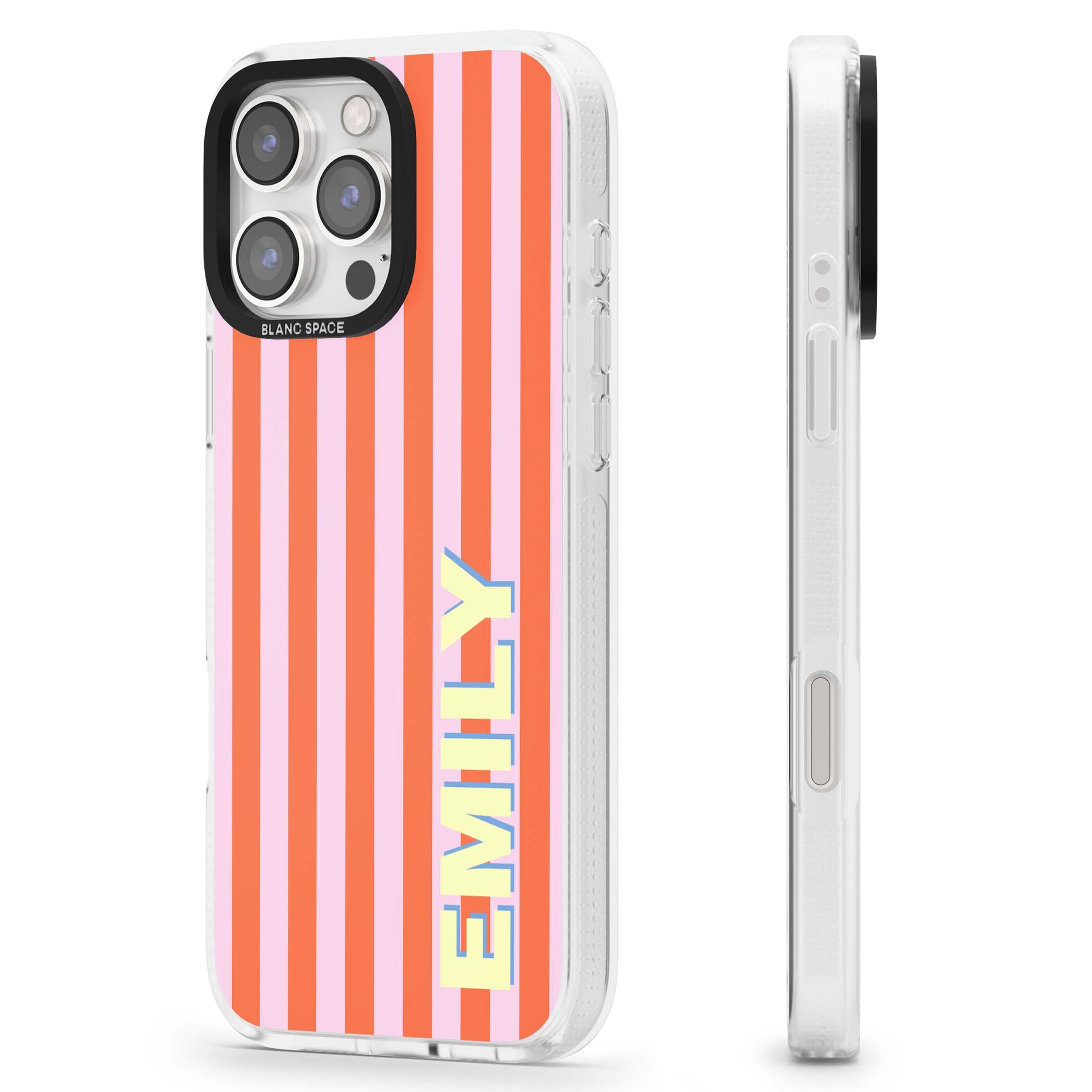 Havana Stripe personalised iPhone case featuring pink and orange vertical stripes with a custom yellow name | Clear Case Impact Air case for iPhone 16 Pro, iPhone 16 Pro Max