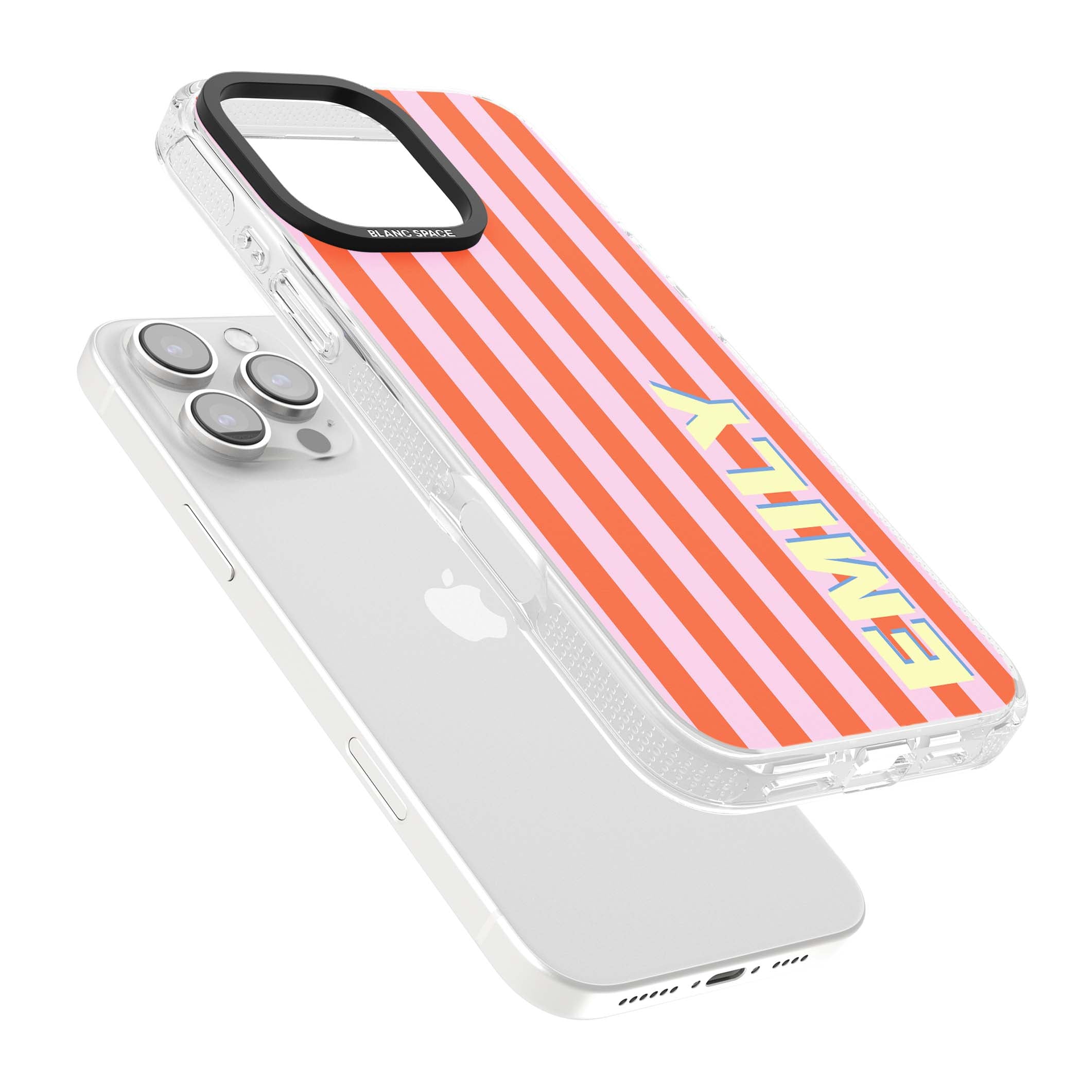 Havana Stripe personalised iPhone case featuring pink and orange vertical stripes with a custom yellow name | Clear Case Impact Air case for iPhone 16 Pro, iPhone 16 Pro Max