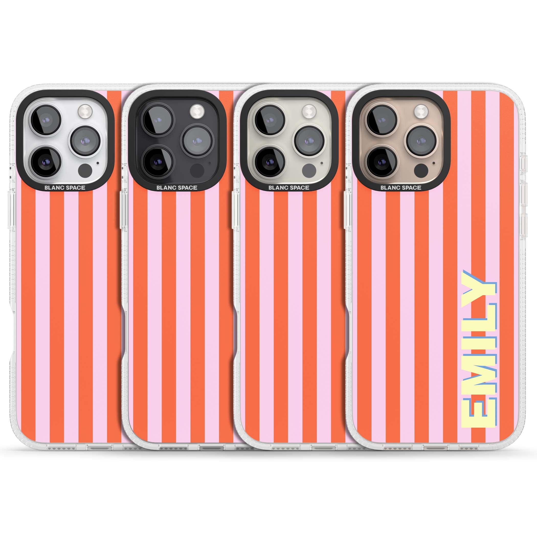 Havana Stripe personalised iPhone case featuring pink and orange vertical stripes with a custom yellow name | Clear Case Impact Air case for iPhone 16 Pro, iPhone 16 Pro Max