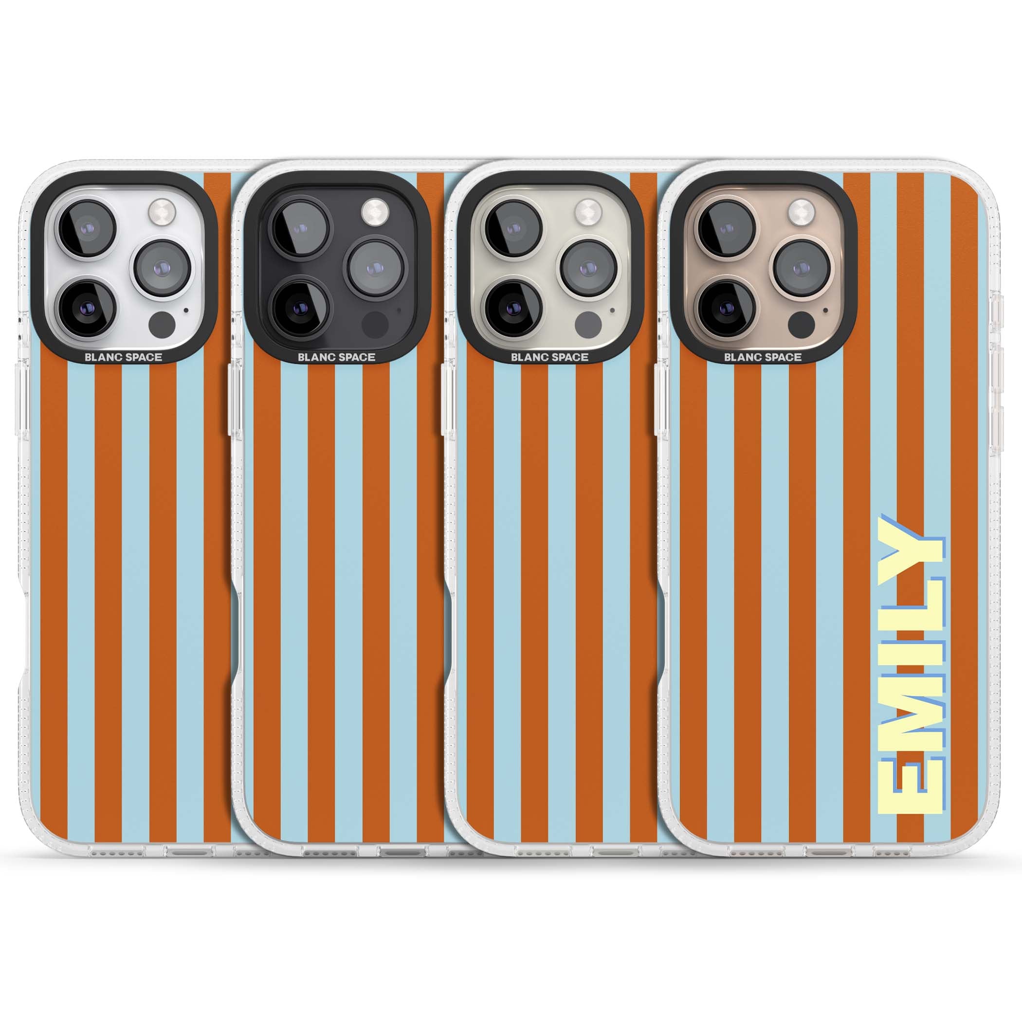 Cappadocia Stripe personalised coastal iPhone case featuring blue and orange vertical stripes with custom cream name | Clear Case Impact Air case for iPhone 16 Pro, iPhone 16 Pro Max
