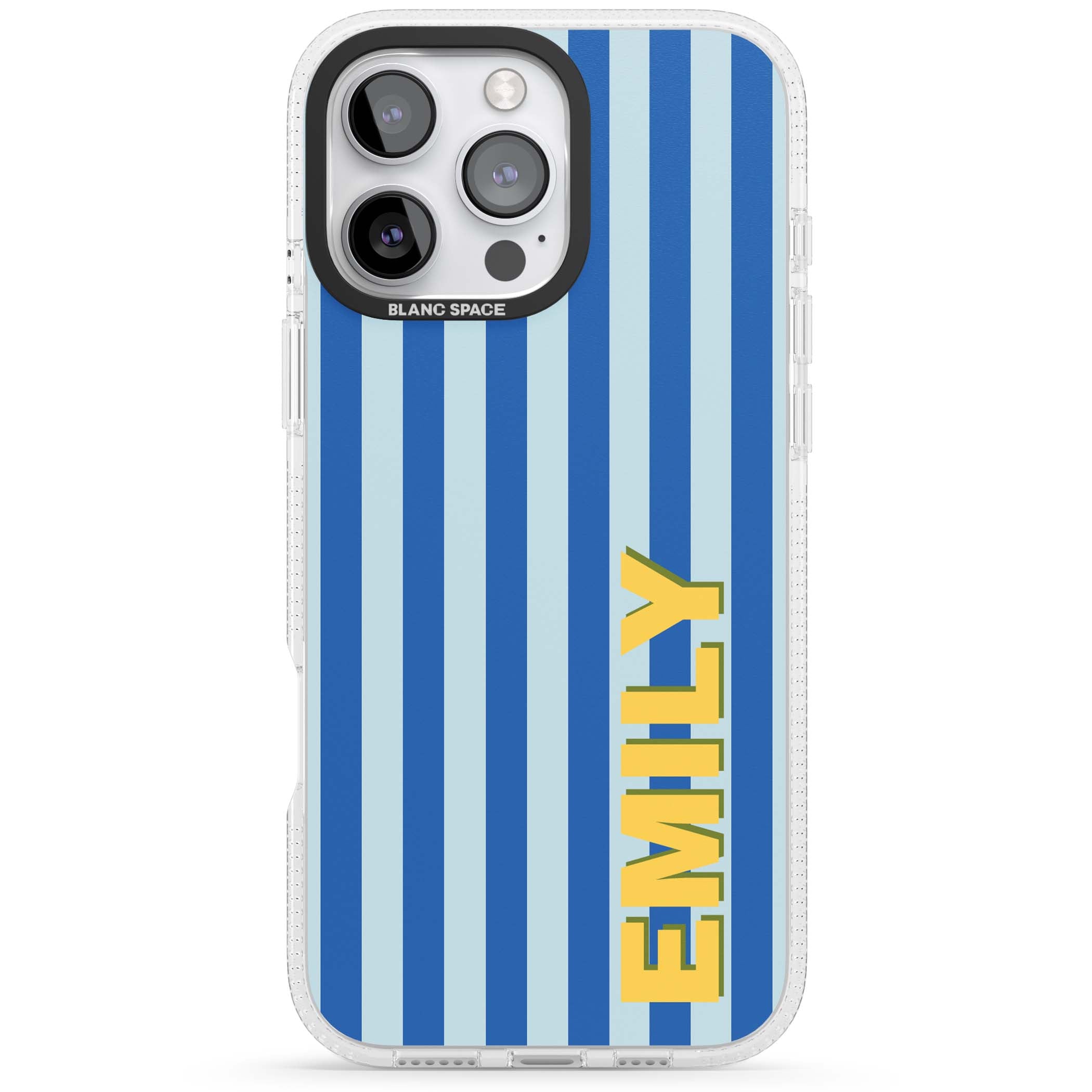 Athenian Stripe personalised preppy iPhone case featuring blue vertical stripes and a custom yellow name | Clear Case Impact Air case for iPhone 16 Pro, iPhone 16 Pro Max