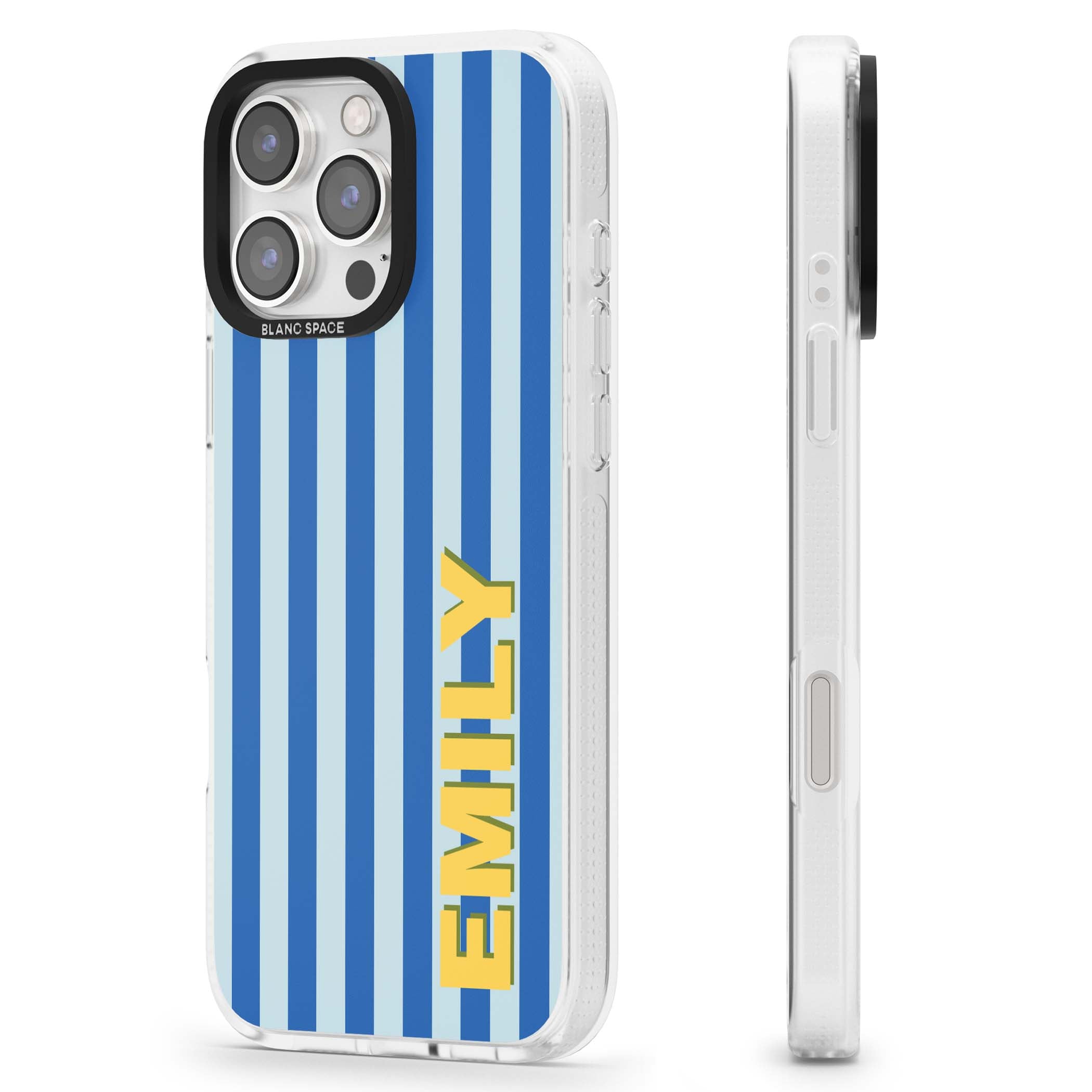 Athenian Stripe personalised preppy iPhone case featuring blue vertical stripes and a custom yellow name | Clear Case Impact Air case for iPhone 16 Pro, iPhone 16 Pro Max