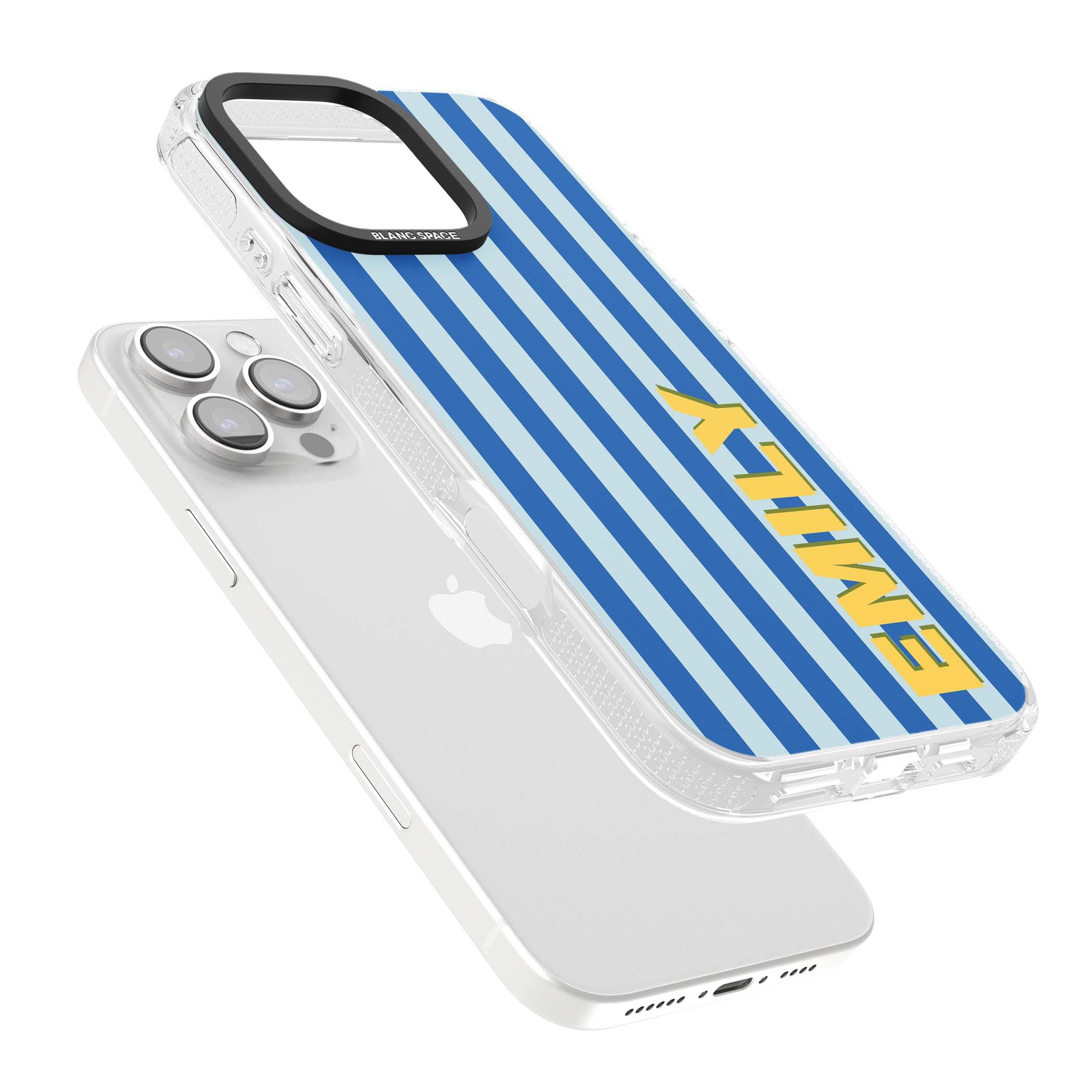 Athenian Stripe personalised preppy iPhone case featuring blue vertical stripes and a custom yellow name | Clear Case Impact Air case for iPhone 16 Pro, iPhone 16 Pro Max