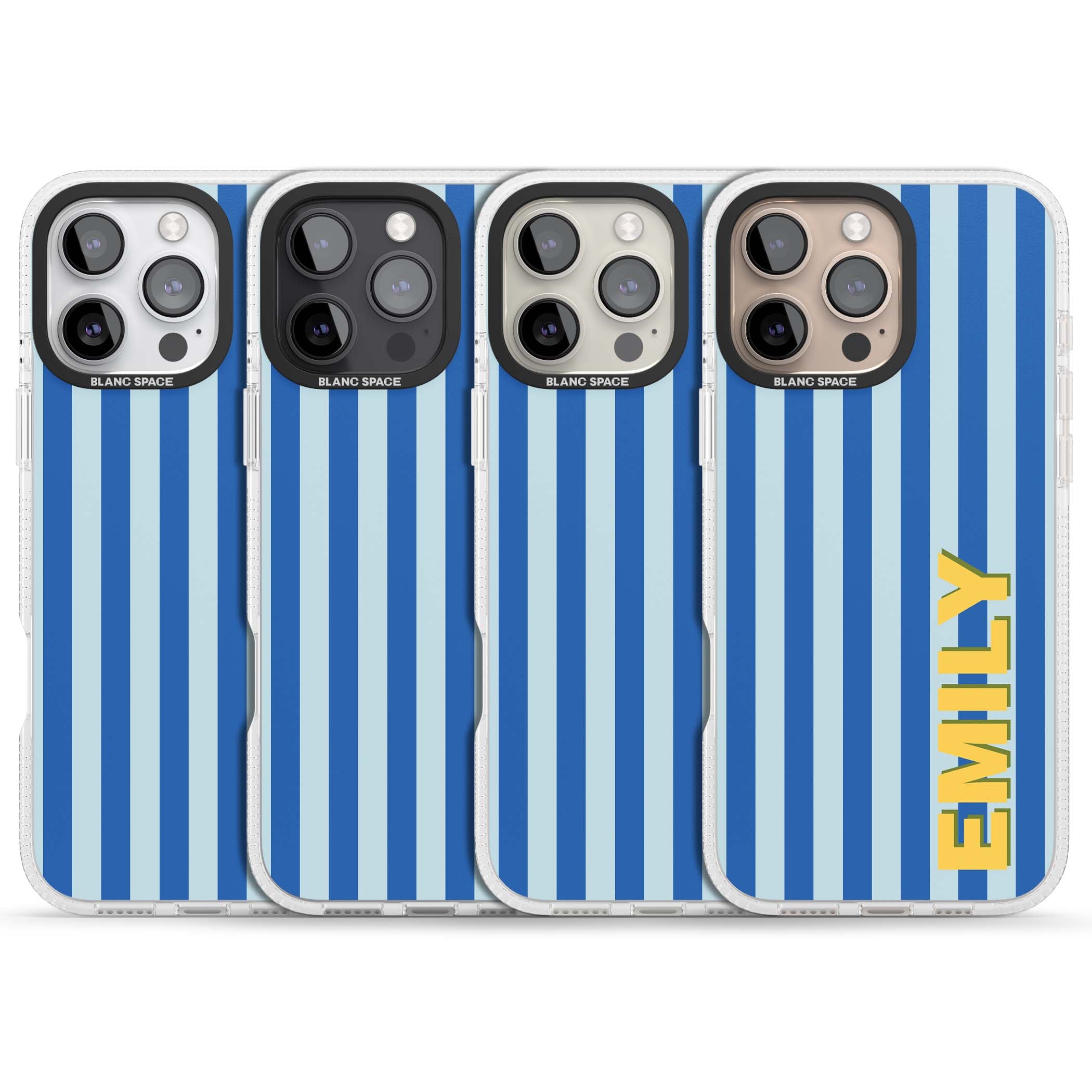 Athenian Stripe personalised preppy iPhone case featuring blue vertical stripes and a custom yellow name | Clear Case Impact Air case for iPhone 16 Pro, iPhone 16 Pro Max