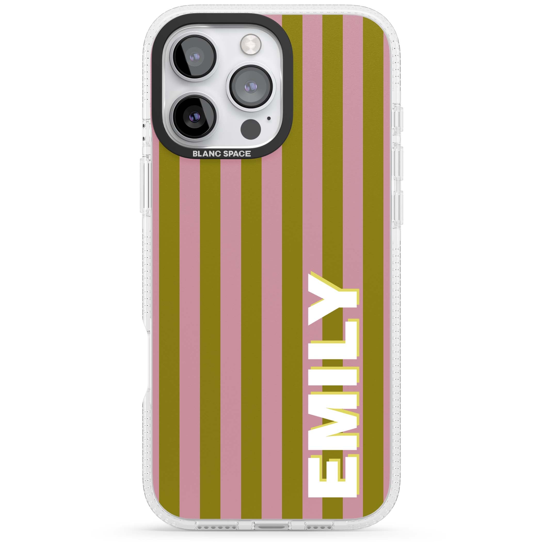 Istanbul Stripe personalised iPhone case featuring pink and olive green vertical stripes with a custom vertical name | Clear Case Impact Air case for iPhone 16 Pro, iPhone 16 Pro Max
