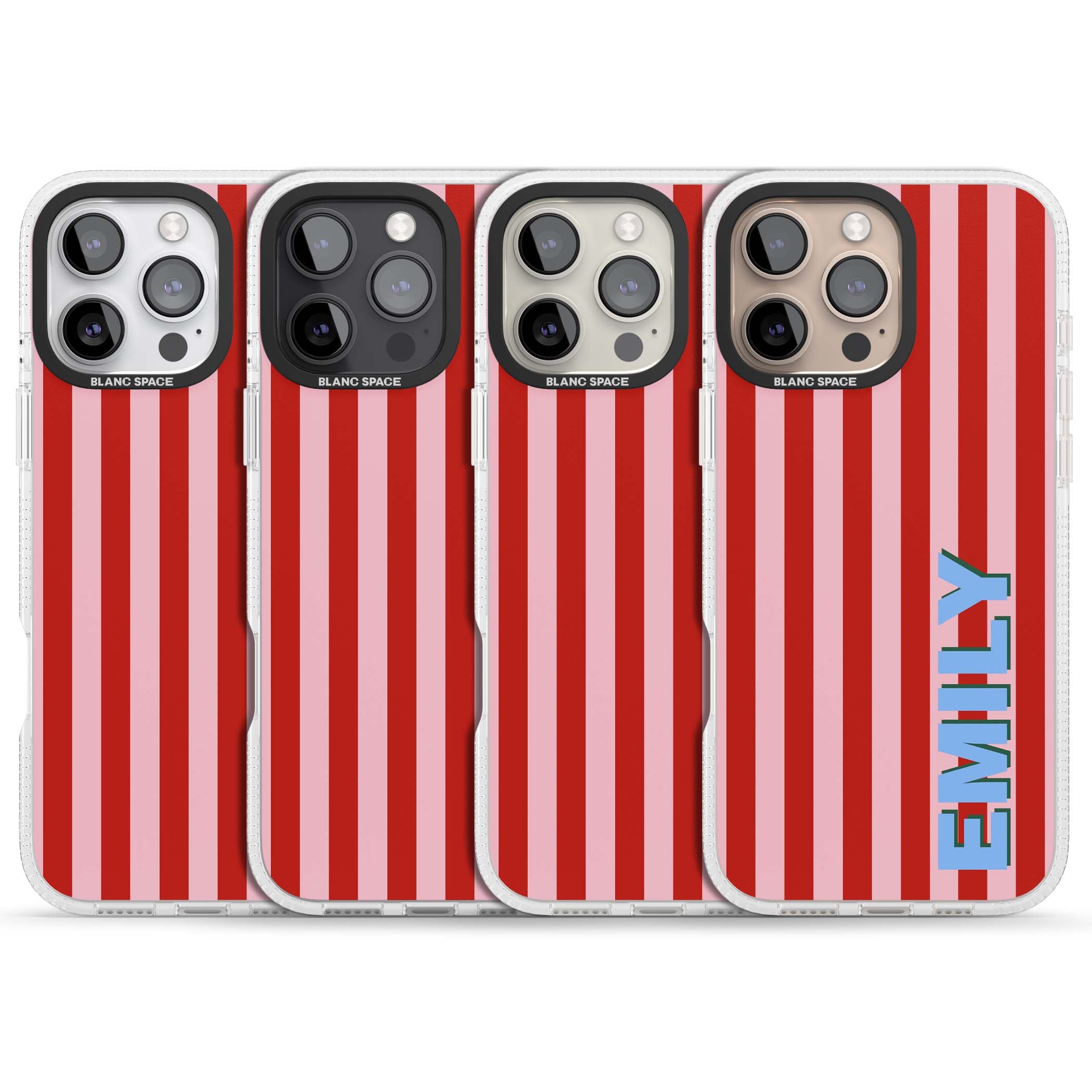 Market Stripe personalised iPhone case with red and pink vertical stripes and custom blue name | Clear Case Impact Air case for iPhone 16 Pro, iPhone 16 Pro Max