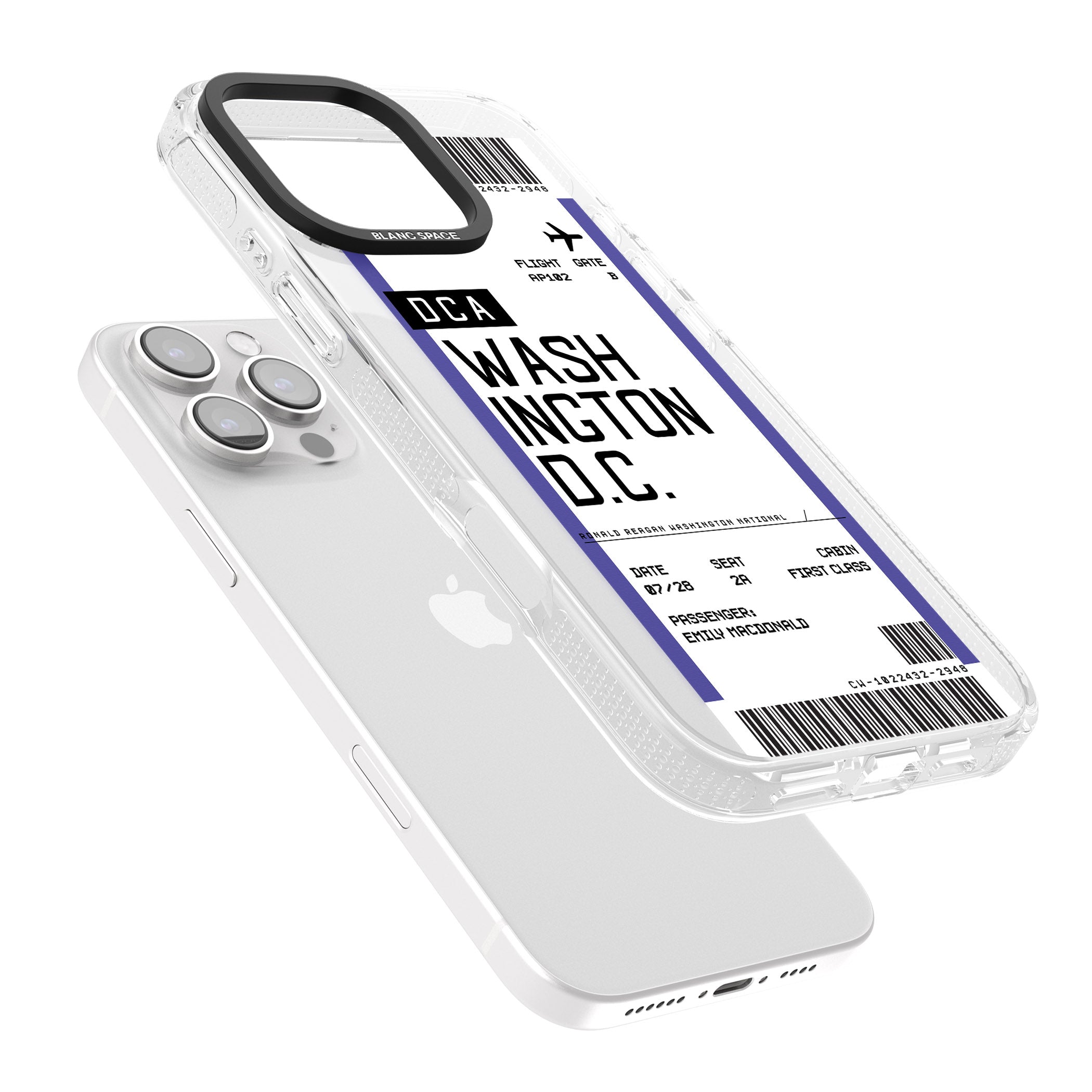 Personalised Washington D.C. Boarding Pass iPhone 16 Pro Max / 16 Pro Clear Case Impact Air - Blanc Space