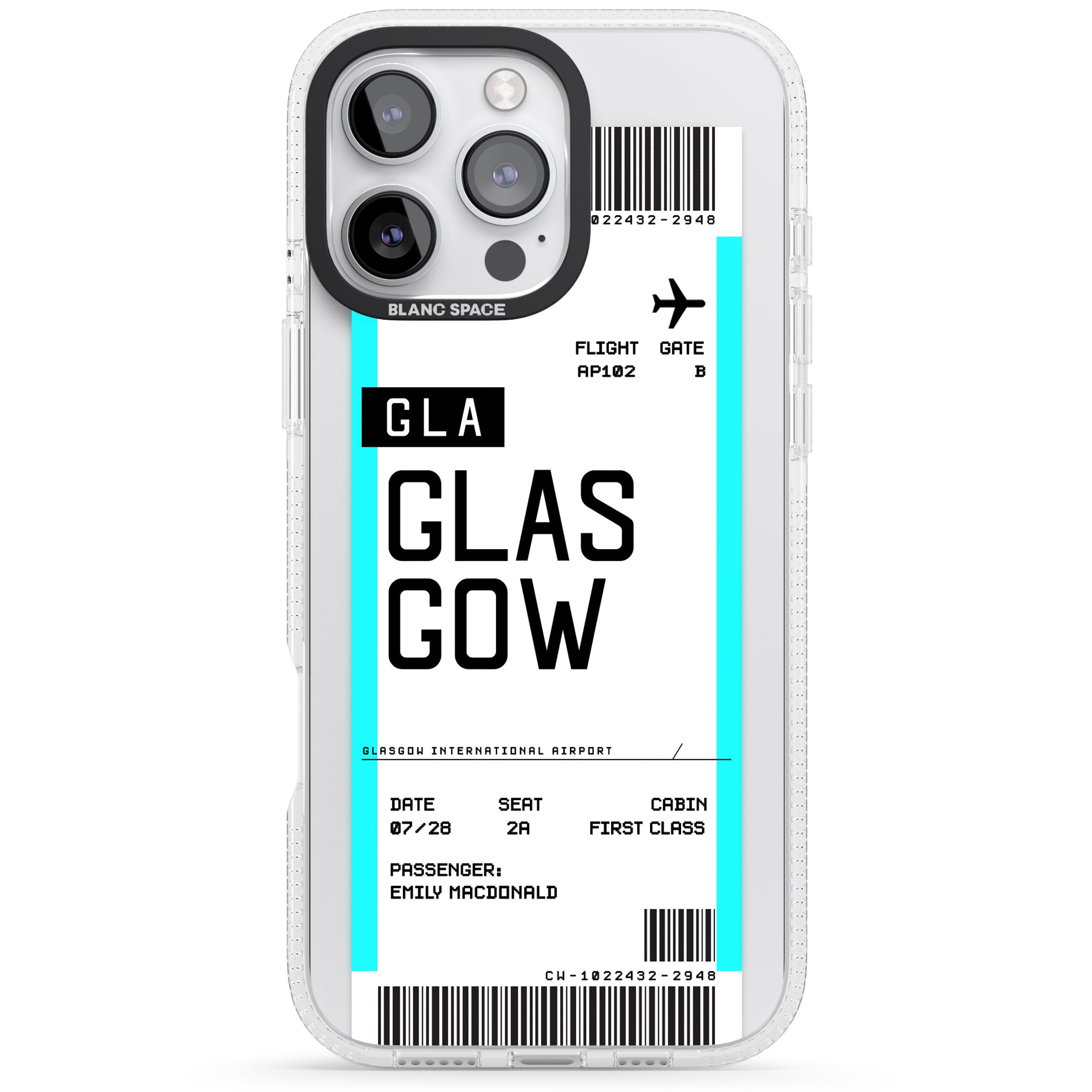 Personalised Glasgow Boarding Pass iPhone 16 Pro Max / 16 Pro Clear Case Impact Air - Blanc Space