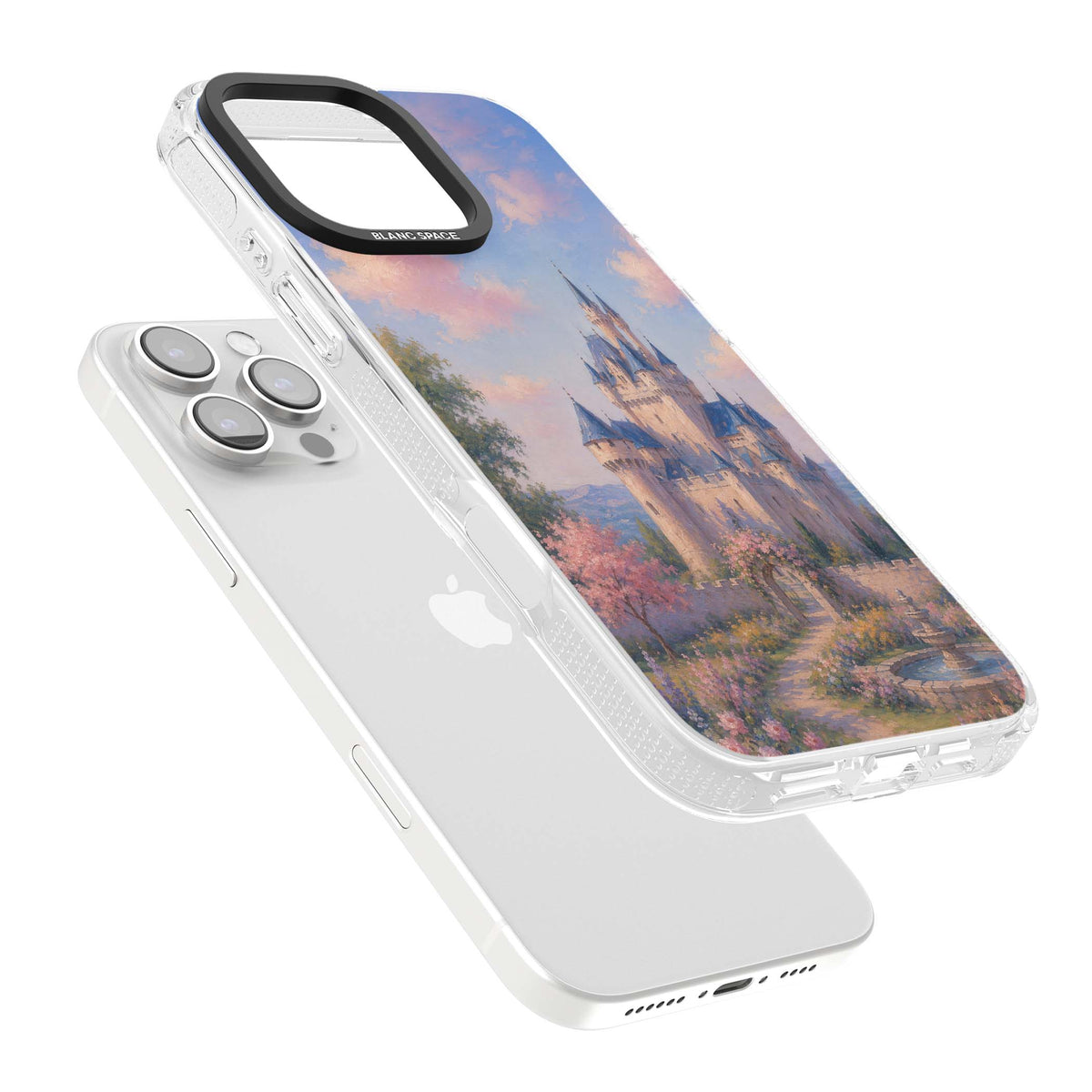 Enchanted Kingdom fairytale iPhone case featuring a romantic castle painting with cherry blossoms and pastel pink sky | Clear Case Impact Air case for iPhone 16 Pro, iPhone 16 Pro Max