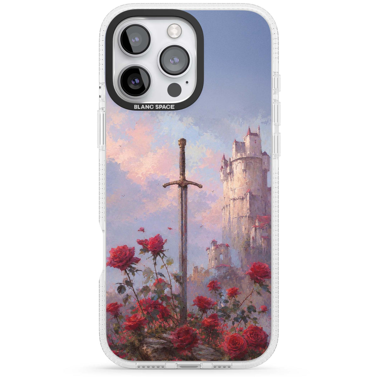 Sword in Roses medieval art iPhone case featuring a sword, red roses, and a misty fairytale castle at sunset | Clear Case Impact Air case for iPhone 16 Pro, iPhone 16 Pro Max