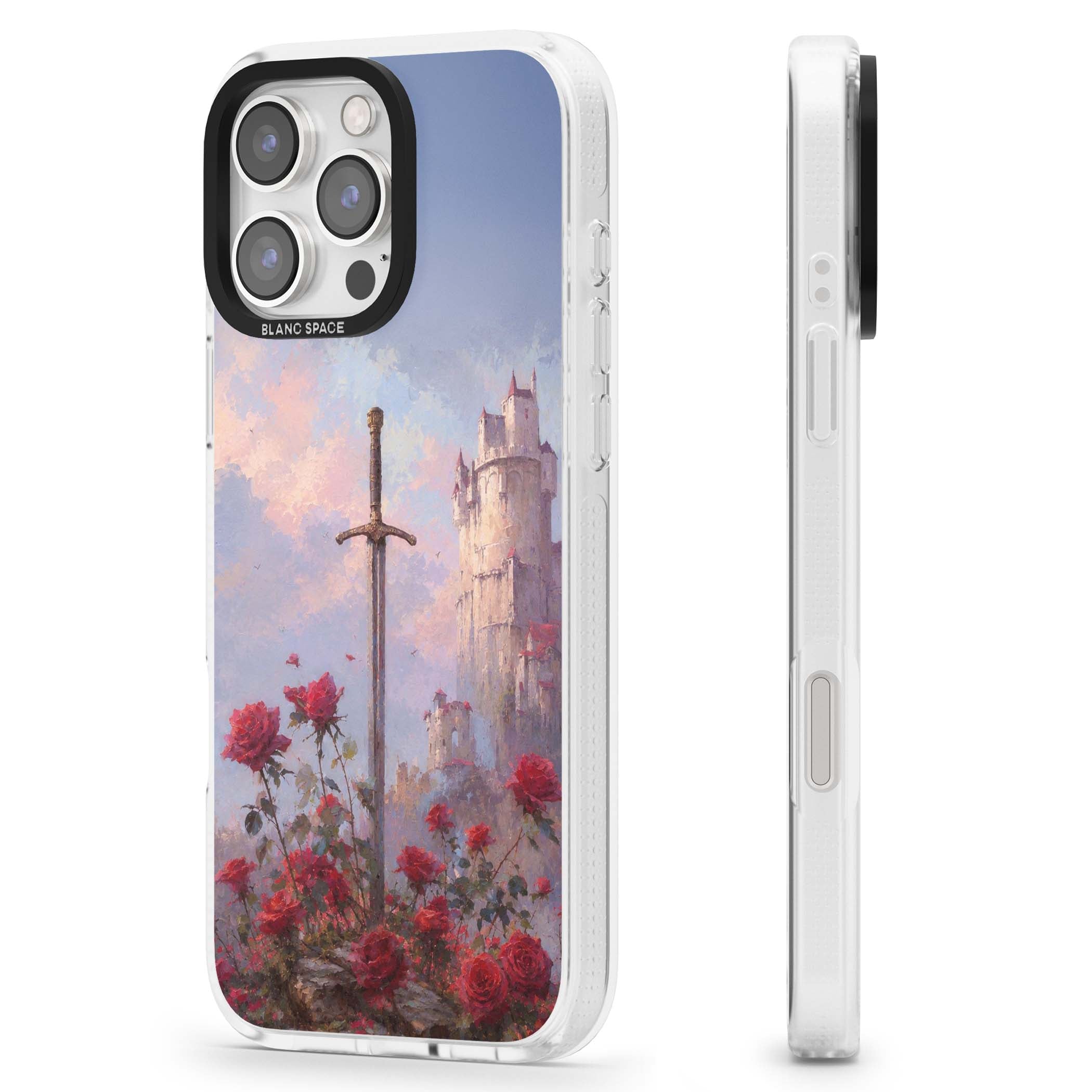 Sword in Roses medieval art iPhone case featuring a sword, red roses, and a misty fairytale castle at sunset | Clear Case Impact Air case for iPhone 16 Pro, iPhone 16 Pro Max