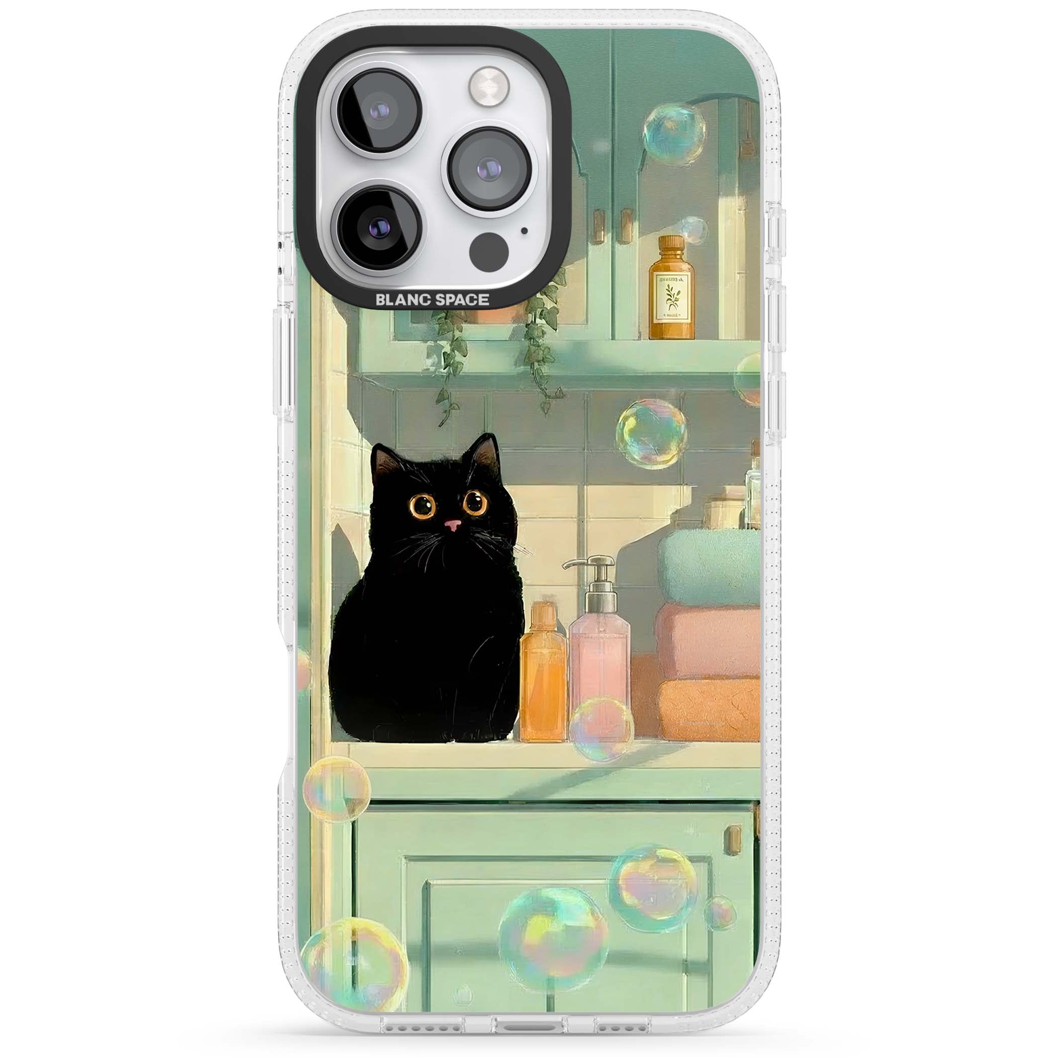 Bathroom Bubble Kitty cottagecore iPhone case featuring a black cat, mint bathroom scene and floating soap bubbles | Clear Case Impact Air case for iPhone 16 Pro, iPhone 16 Pro Max