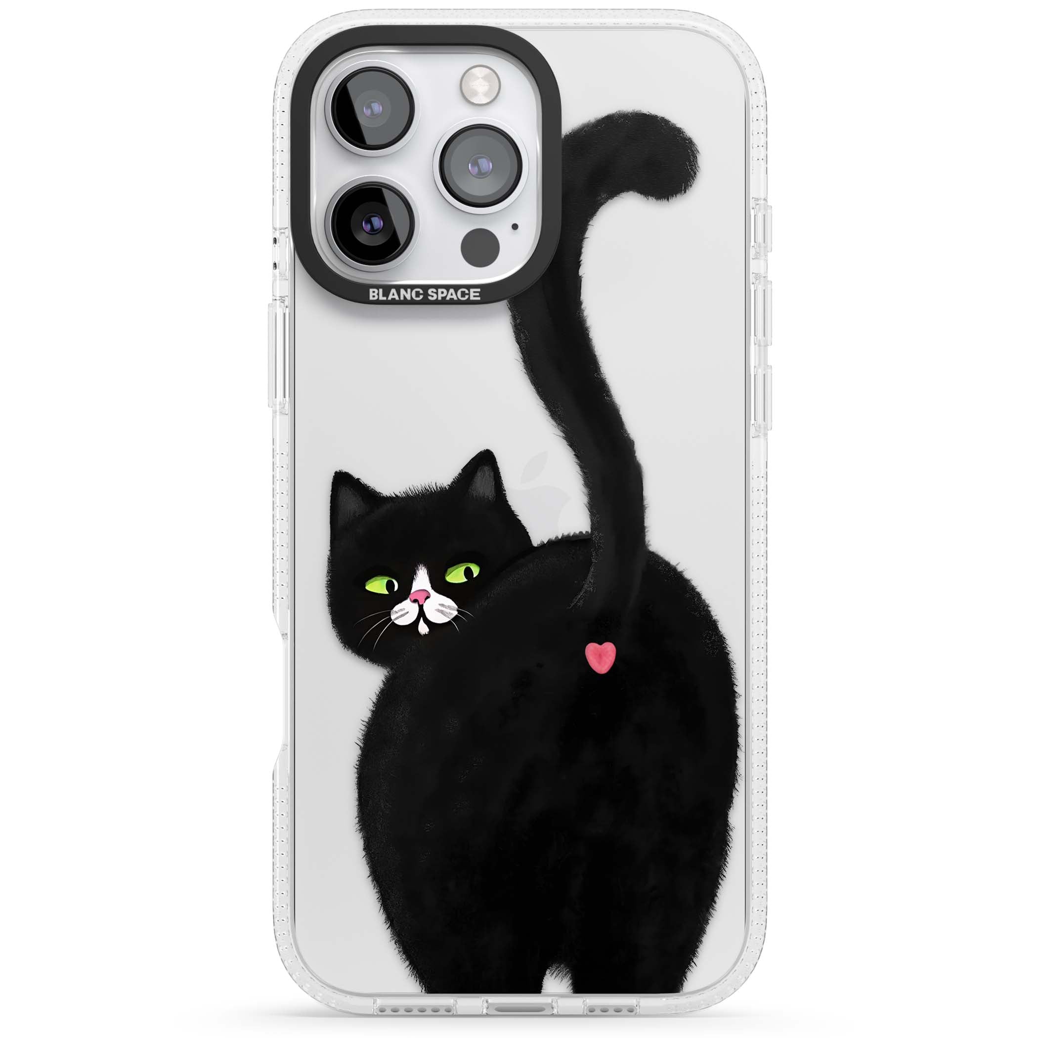 The Cat's Kiss cute cat iPhone case featuring a hand-painted tuxedo kitty with green eyes and a pink heart on a clear  | Clear Case Impact Air case for iPhone 16 Pro, iPhone 16 Pro Max