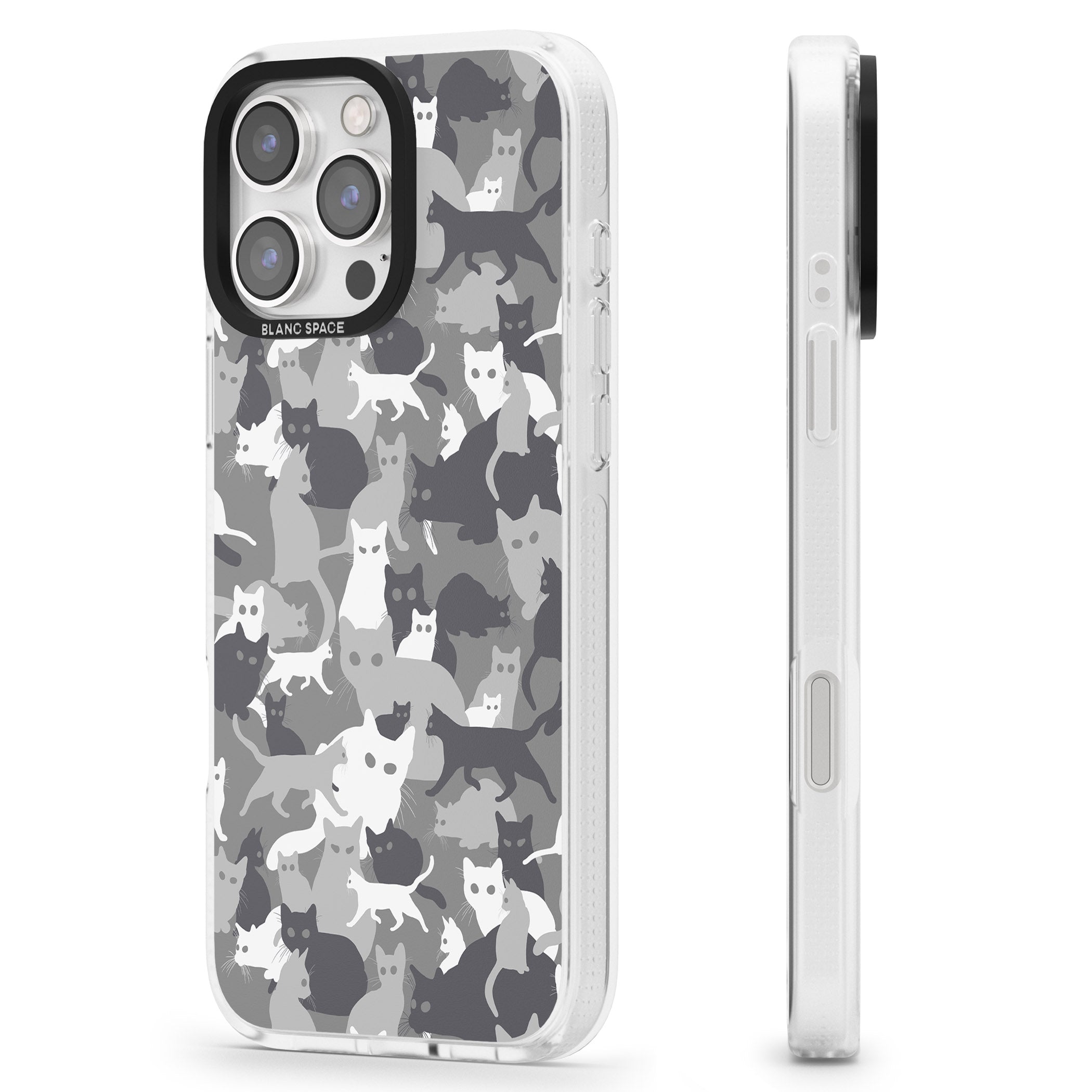 Dark Grey Cat Camouflage Pattern iPhone 16 Pro Max / 16 Pro Clear Case Impact Air - Blanc Space
