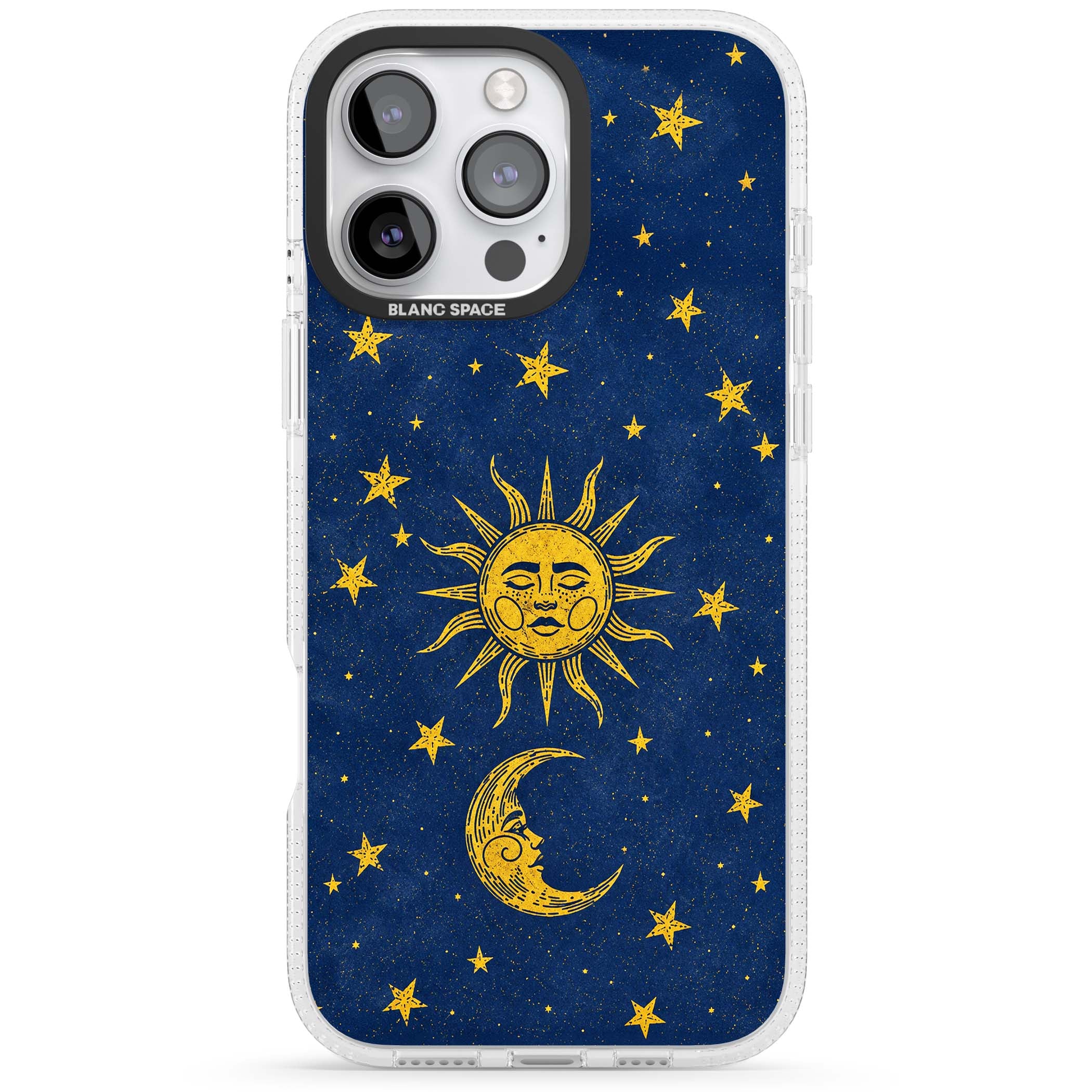 Sun & Moon Reverie celestial iPhone case featuring a vintage golden sun, crescent moon and scattered stars on midnight blue | Clear Case Impact Air case for iPhone 16 Pro, iPhone 16 Pro Max