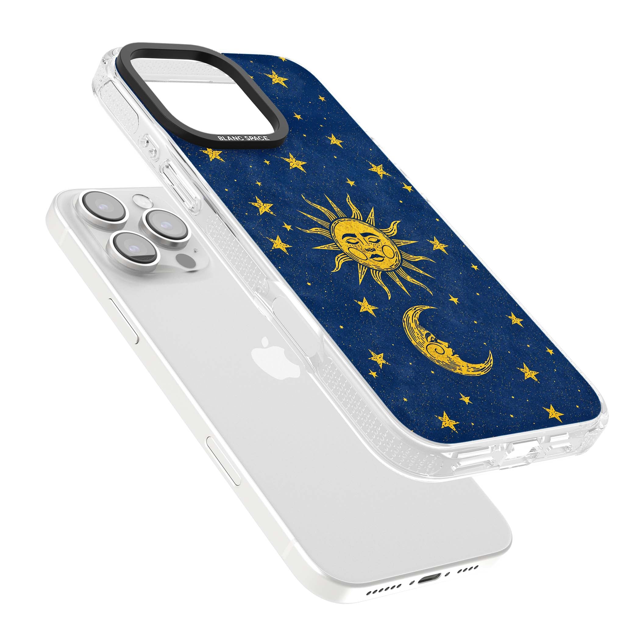 Sun & Moon Reverie celestial iPhone case featuring a vintage golden sun, crescent moon and scattered stars on midnight blue | Clear Case Impact Air case for iPhone 16 Pro, iPhone 16 Pro Max