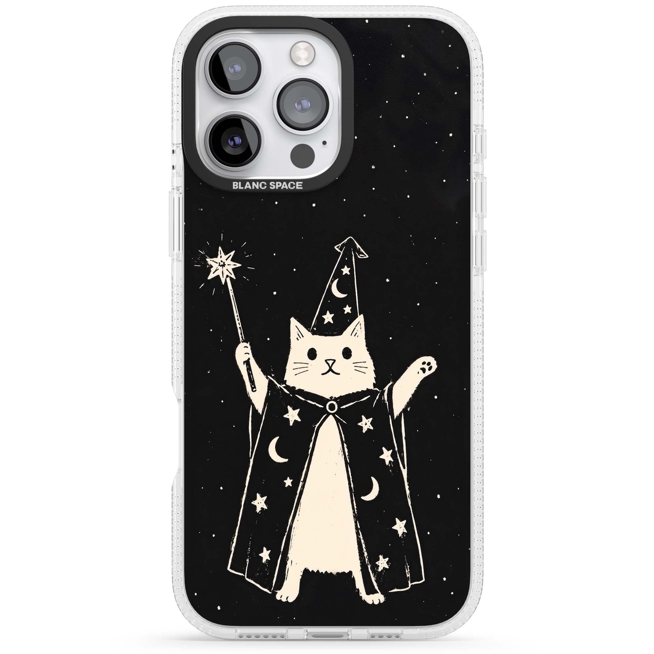 Whisker Wizard celestial cat iPhone case featuring a wizard cat with magic wand, starry night sky and crescent moons | Clear Case Impact Air case for iPhone 16 Pro, iPhone 16 Pro Max