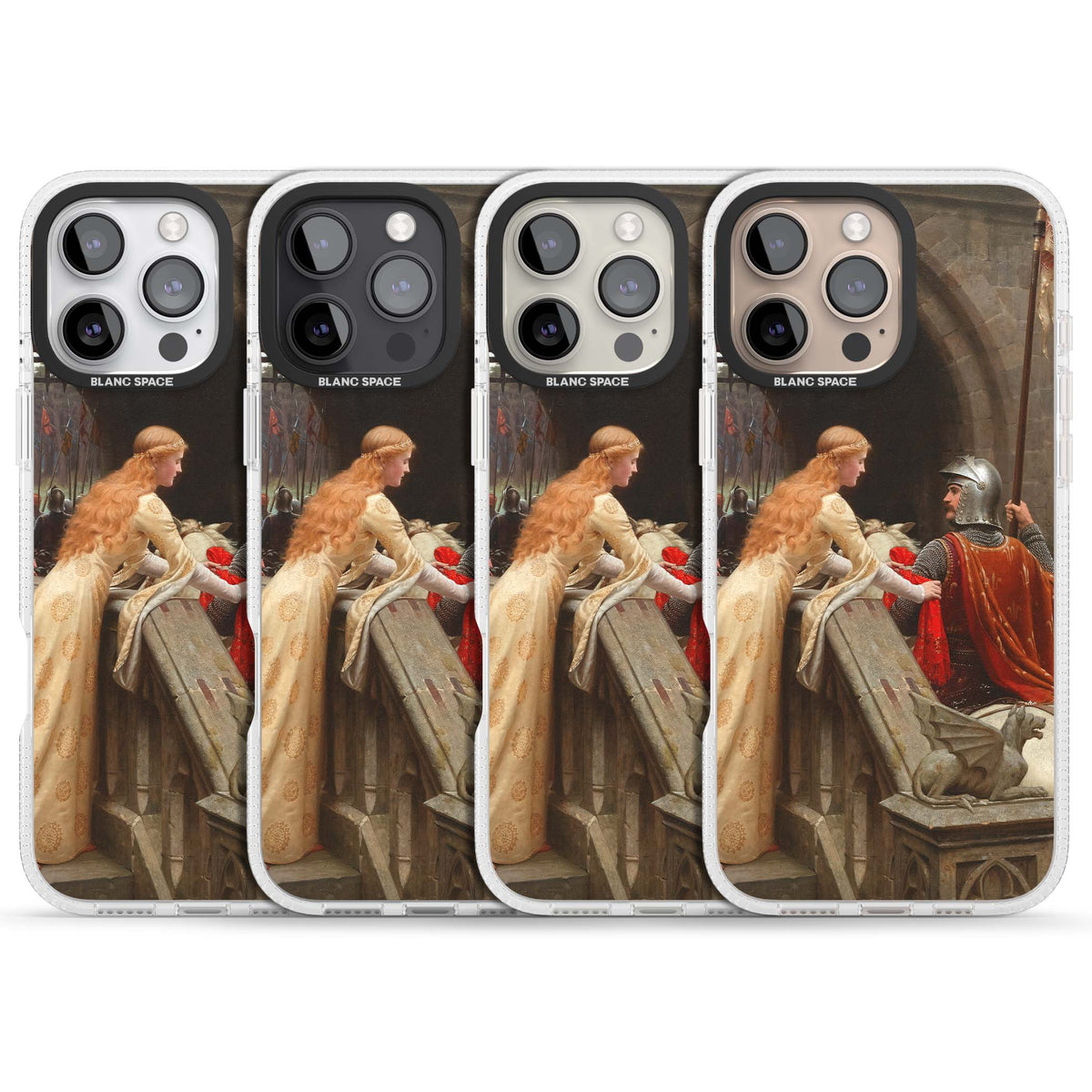 God Speed fine art iPhone case featuring Edmund Blair Leighton's medieval knight and lady beneath a stone archway | Clear Case Impact Air case for iPhone 16 Pro, iPhone 16 Pro Max