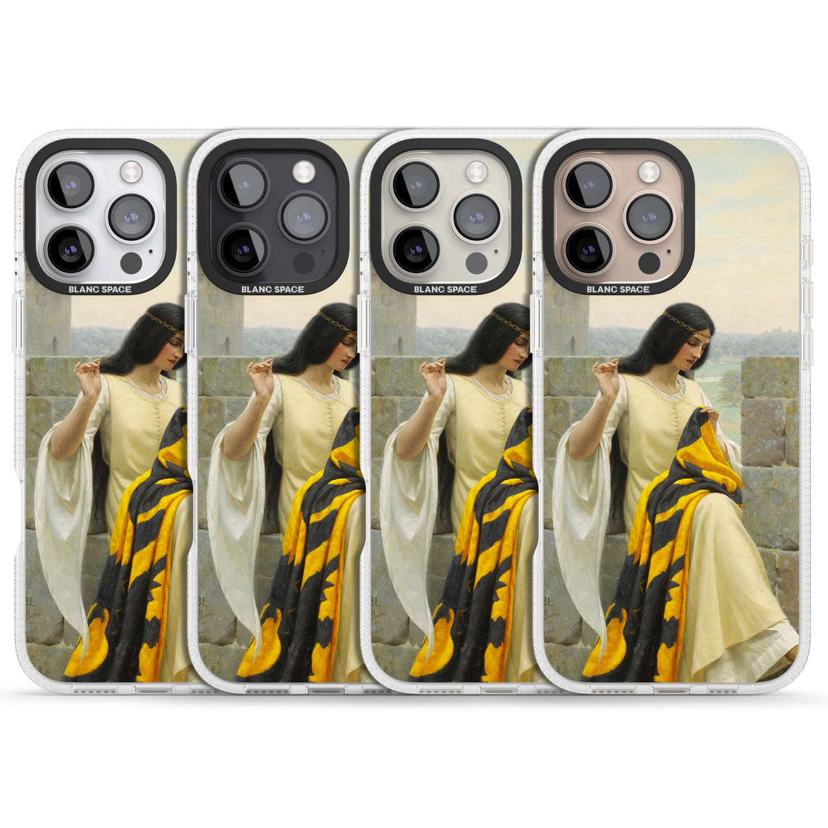Stitching the Standard renaissance art iPhone case featuring a medieval lady sewing a golden banner on a castle wall | Clear Case Impact Air case for iPhone 16 Pro, iPhone 16 Pro Max