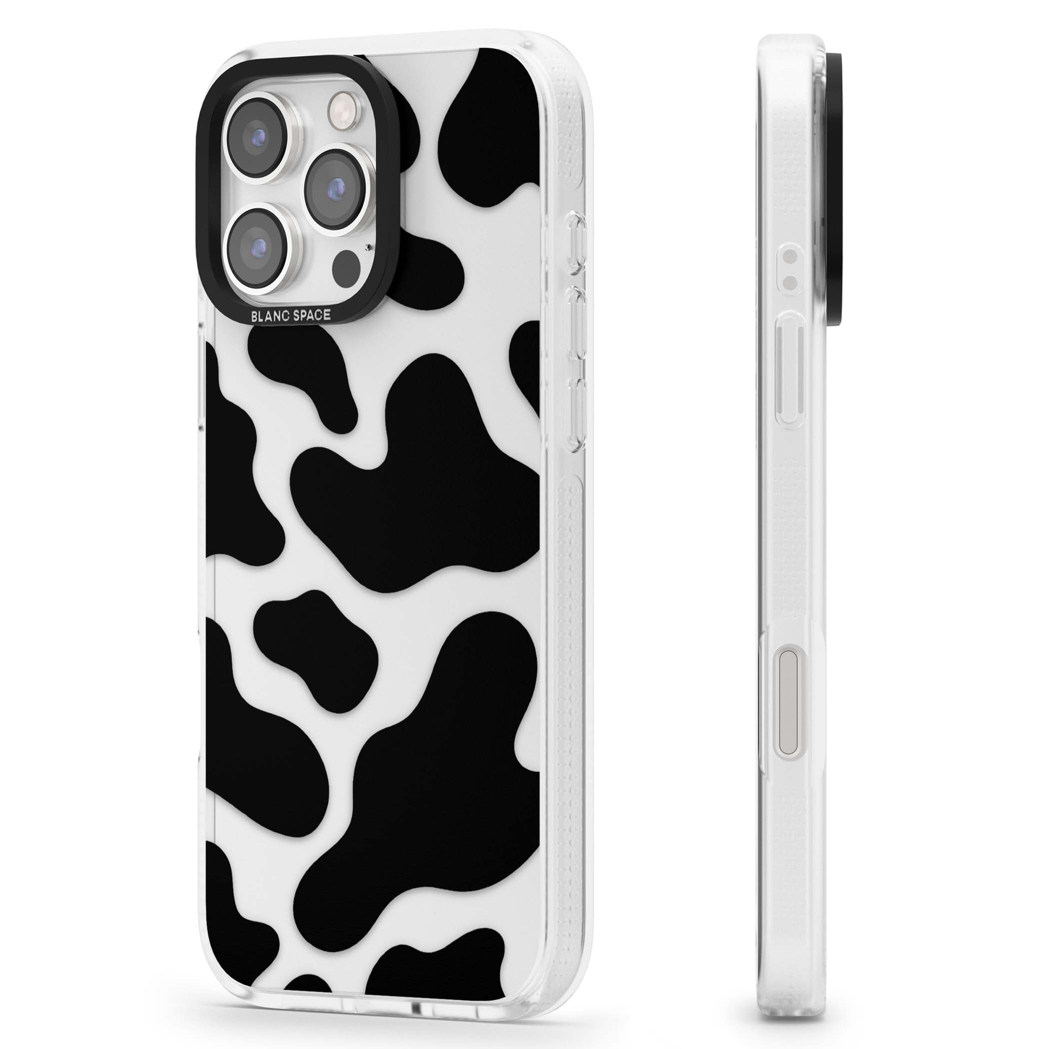 Clear Cow Print cow print iPhone case featuring black and white cow pattern splotches on a clear background | Clear Case Impact Air case for iPhone 16 Pro, iPhone 16 Pro Max