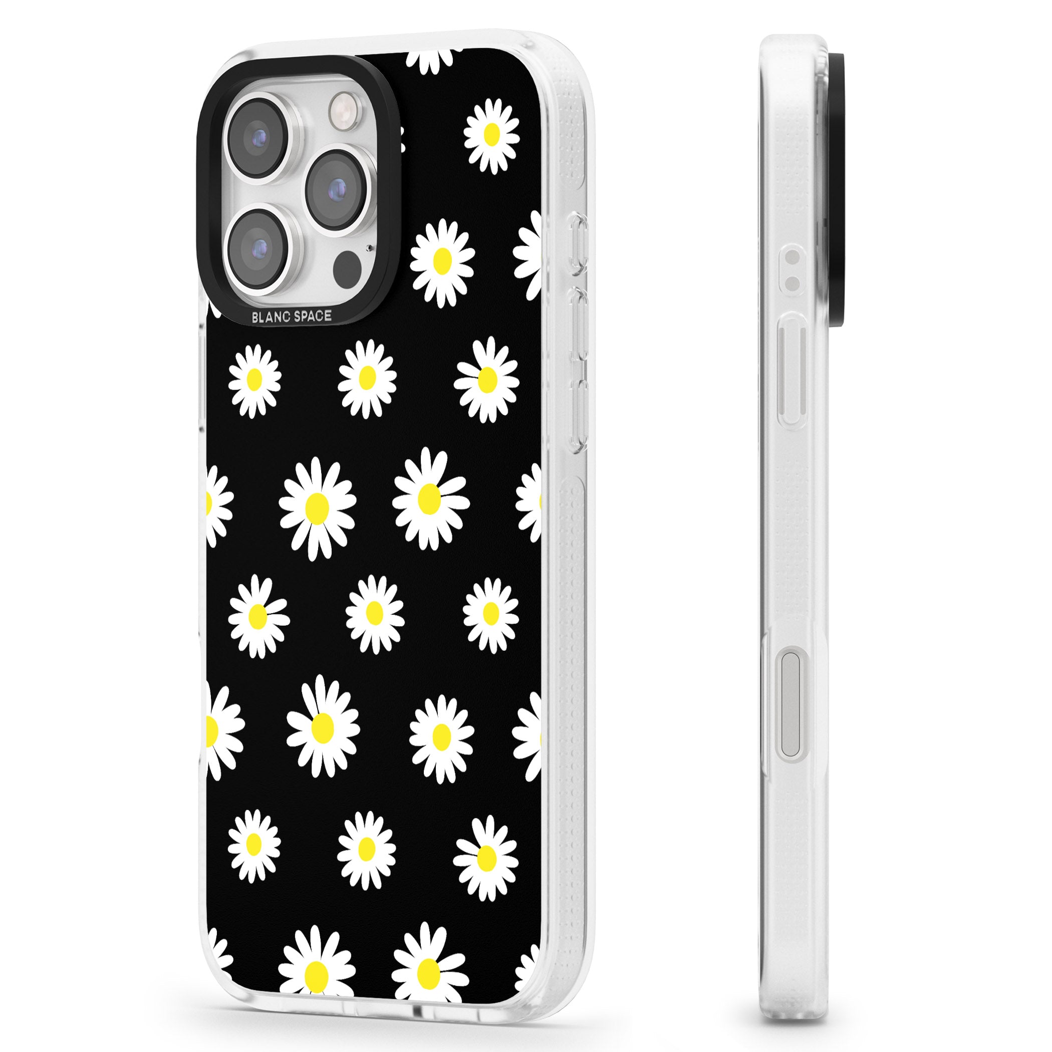 White Daisy Pattern (Black) iPhone 16 Pro Max / 16 Pro Clear Case Impact Air - Blanc Space