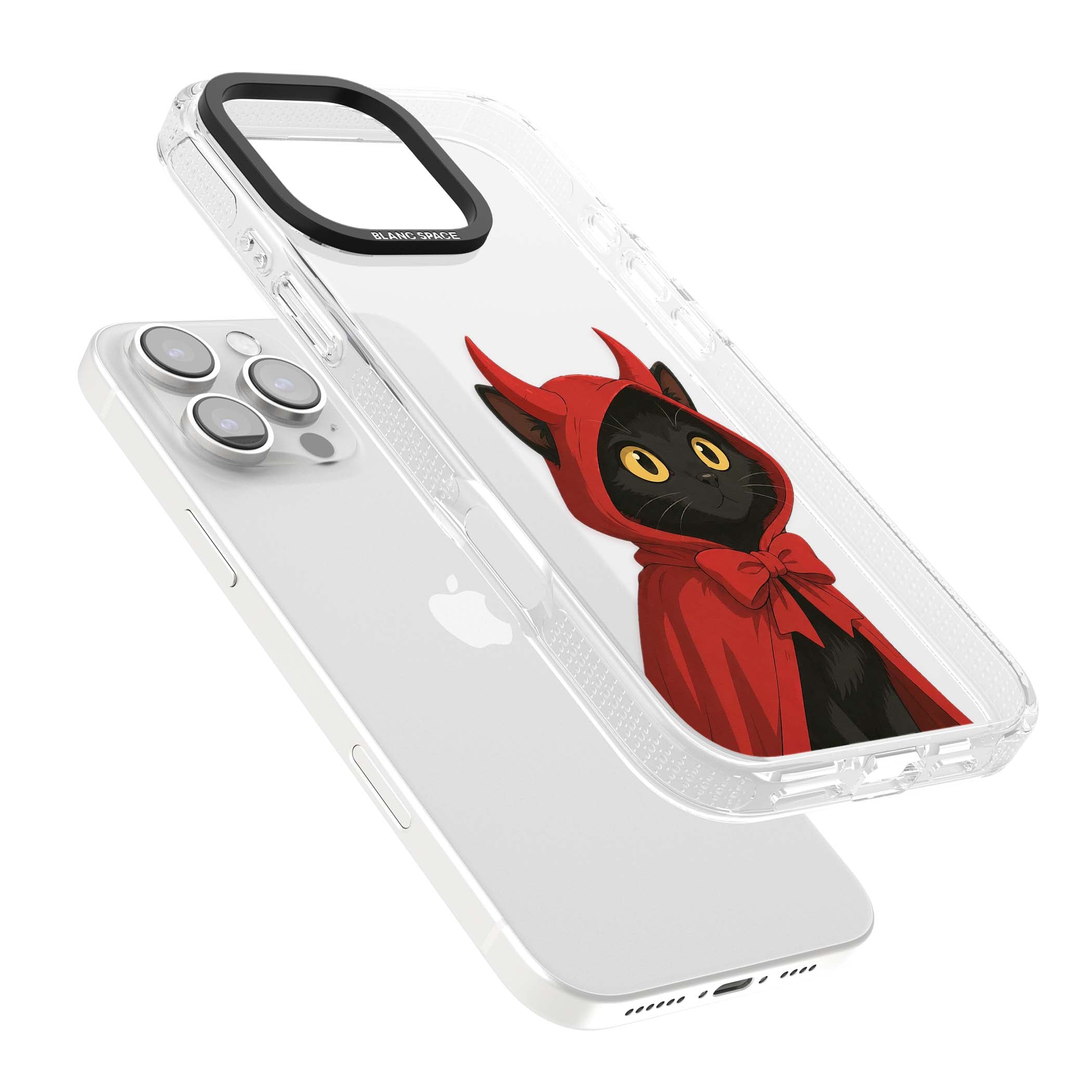 Little Devil halloween iPhone case featuring a black cat in a red hooded devil cloak with horns and golden eyes | Clear Case Impact Air case for iPhone 16 Pro, iPhone 16 Pro Max