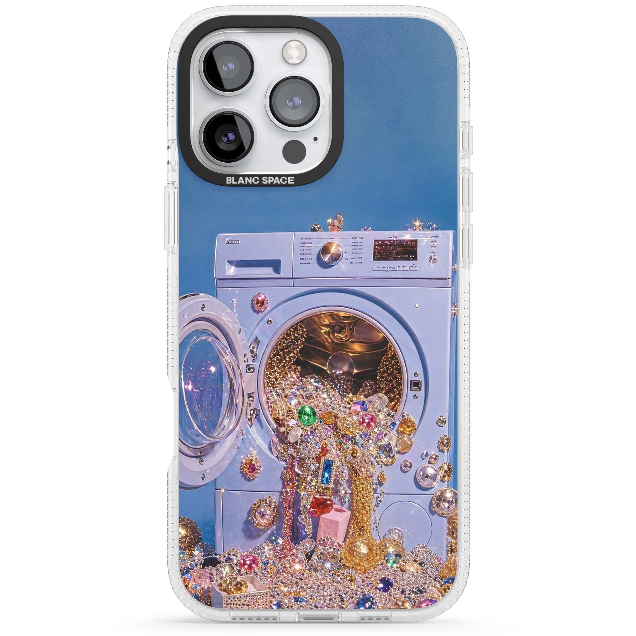 Gem Laundry baddie iPhone case featuring a surreal washing machine overflowing with colourful gemstones and crystals | Clear Case Impact Air case for iPhone 16 Pro, iPhone 16 Pro Max