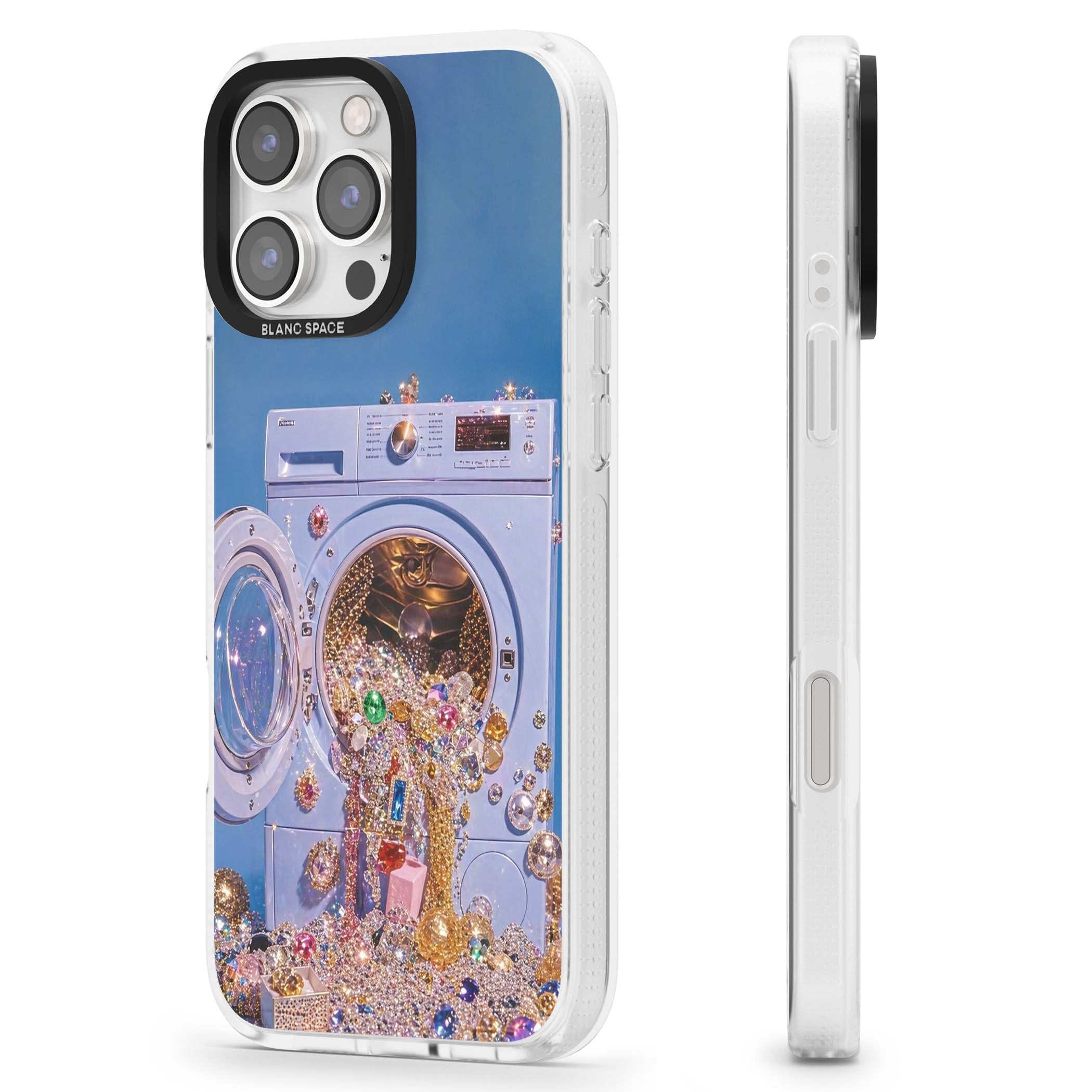 Gem Laundry baddie iPhone case featuring a surreal washing machine overflowing with colourful gemstones and crystals | Clear Case Impact Air case for iPhone 16 Pro, iPhone 16 Pro Max