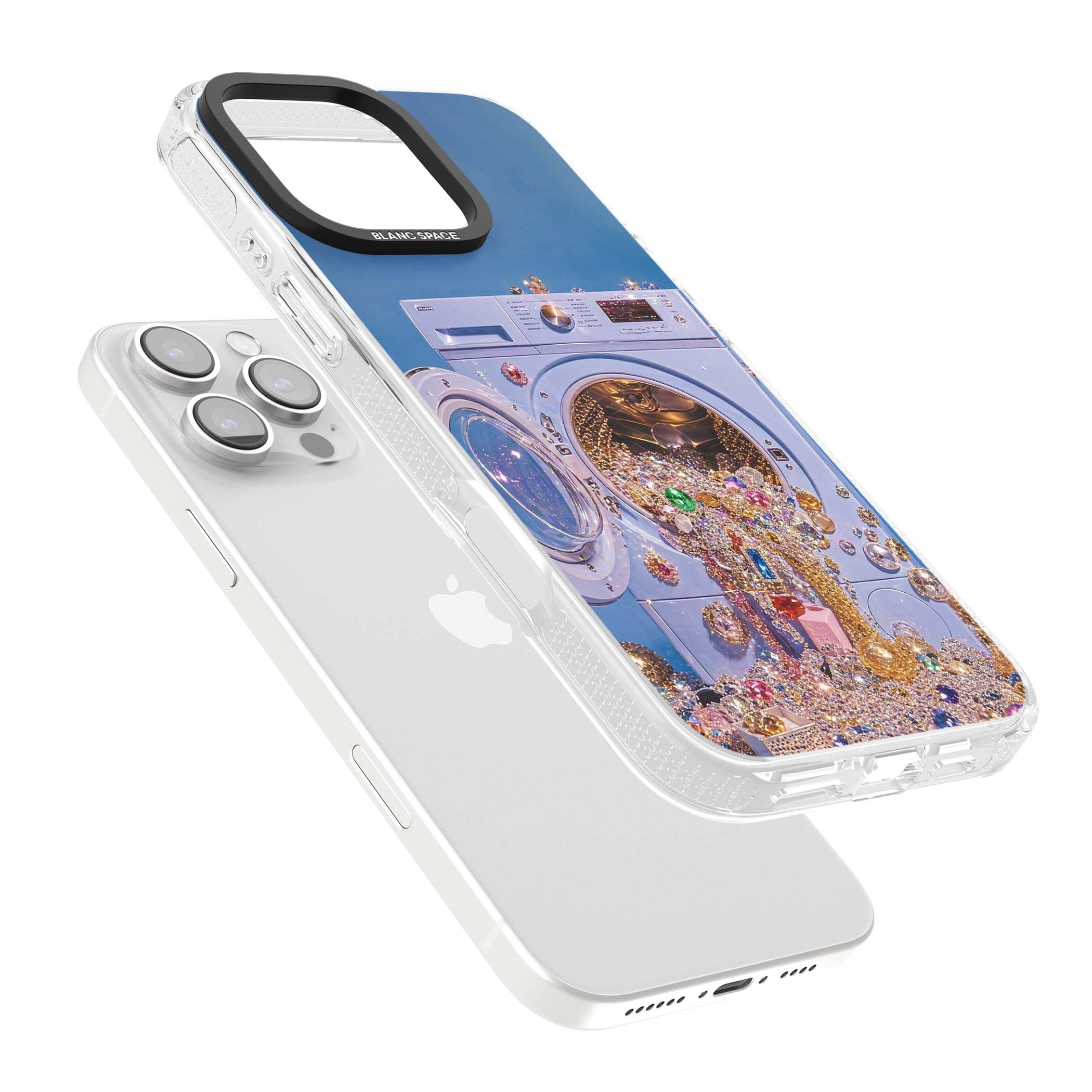 Gem Laundry baddie iPhone case featuring a surreal washing machine overflowing with colourful gemstones and crystals | Clear Case Impact Air case for iPhone 16 Pro, iPhone 16 Pro Max