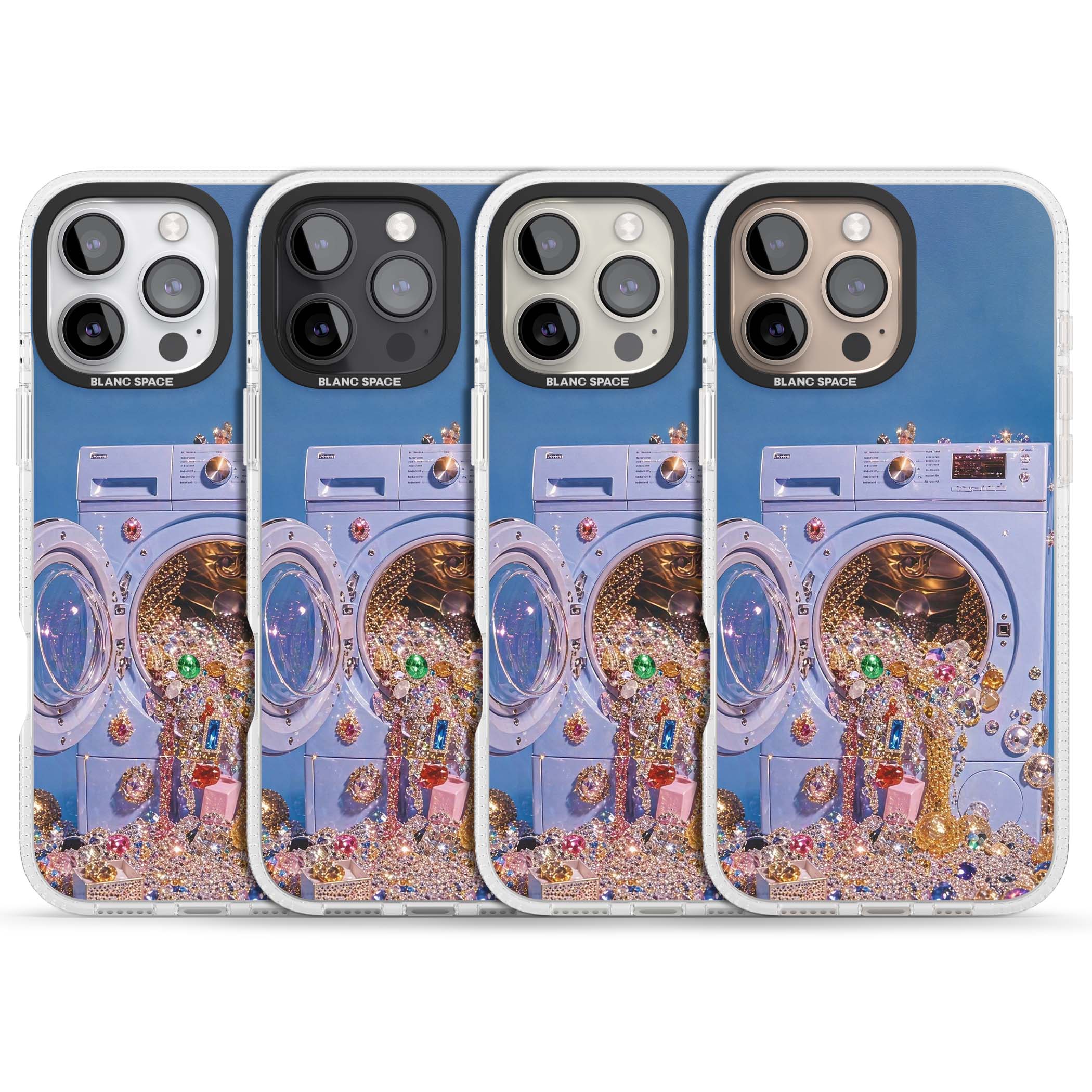 Gem Laundry baddie iPhone case featuring a surreal washing machine overflowing with colourful gemstones and crystals | Clear Case Impact Air case for iPhone 16 Pro, iPhone 16 Pro Max