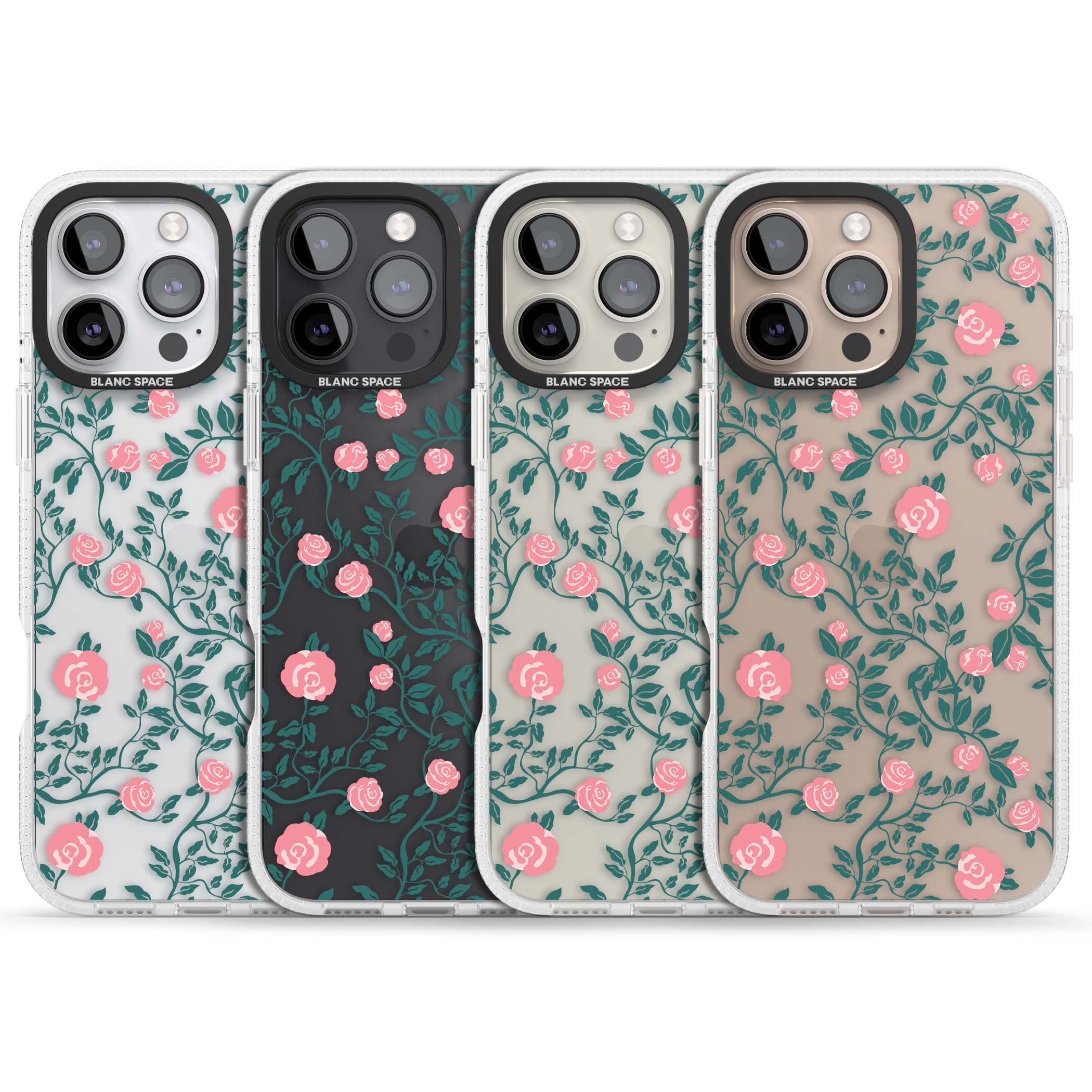 Rose Trellis (Clear) cottagecore iPhone case featuring pink climbing roses and green leaves on clear background | Clear Case Impact Air case for iPhone 16 Pro, iPhone 16 Pro Max