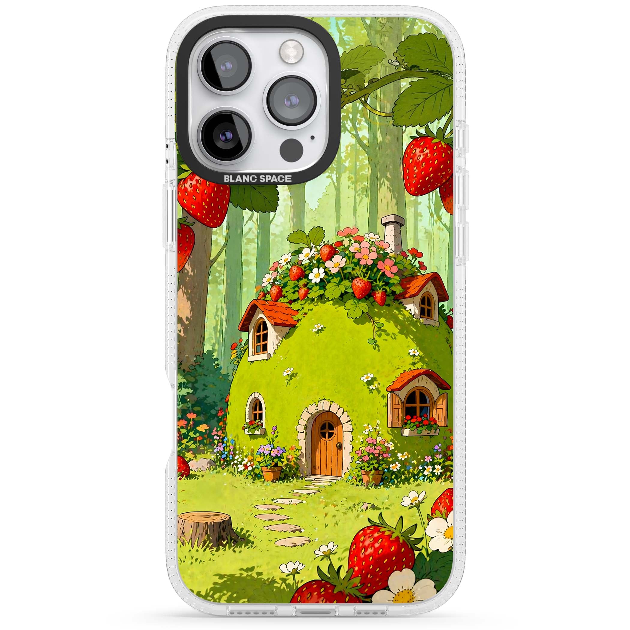 Strawberry Cottage cottagecore iPhone case featuring a green fairy house, wild strawberries and enchanted forest flowers | Clear Case Impact Air case for iPhone 16 Pro, iPhone 16 Pro Max